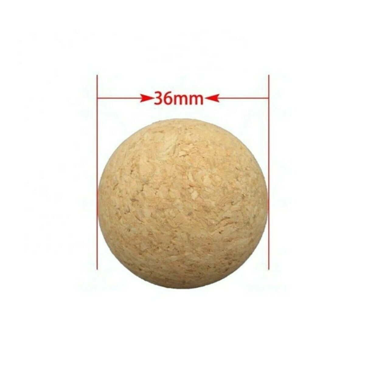 Een kurken bol, diameter 36 mm, staat centraal op een witte achtergrond. Rode lijnen en tekst geven de maat aan.