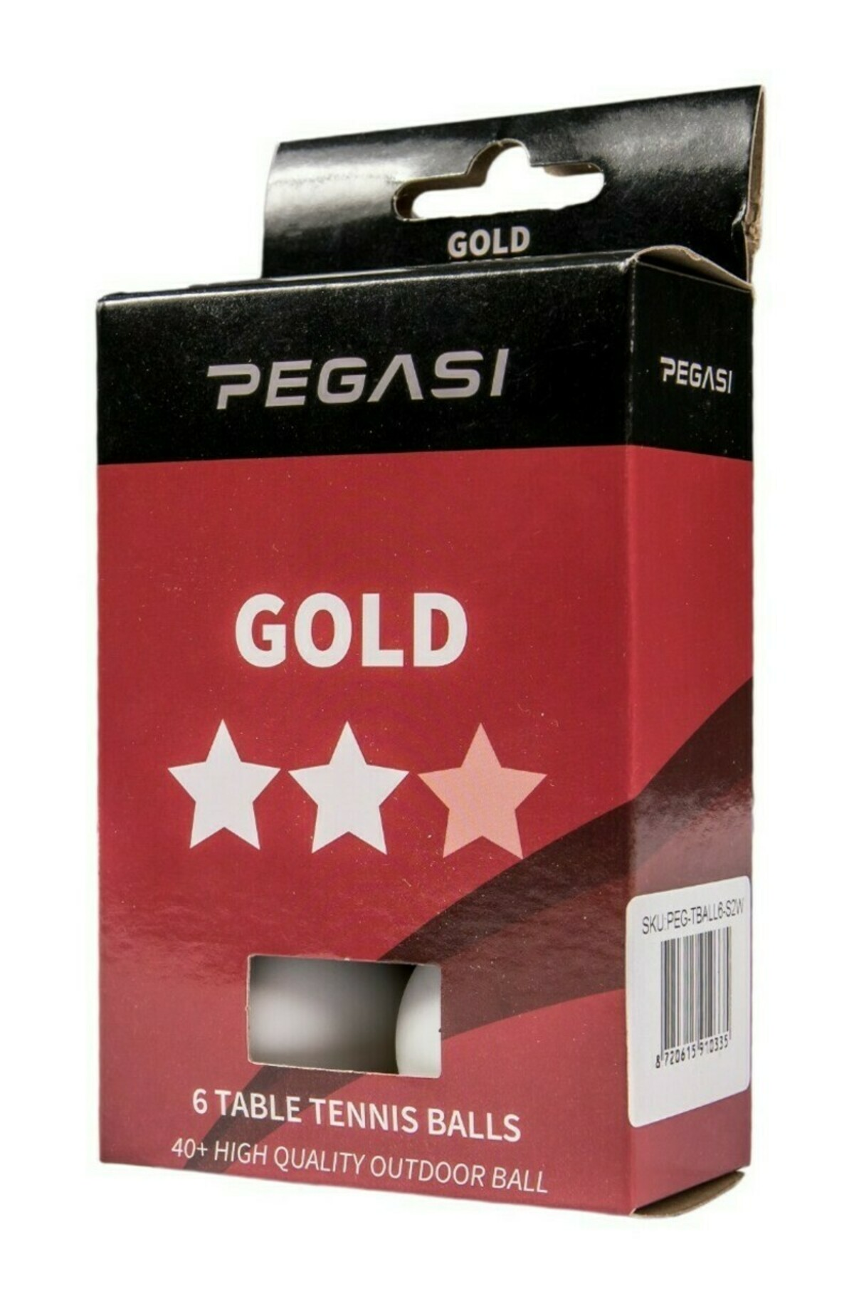 A box of table tennis balls. It is red, with the word GOLD and white stars on it. Contains 6 balls.
