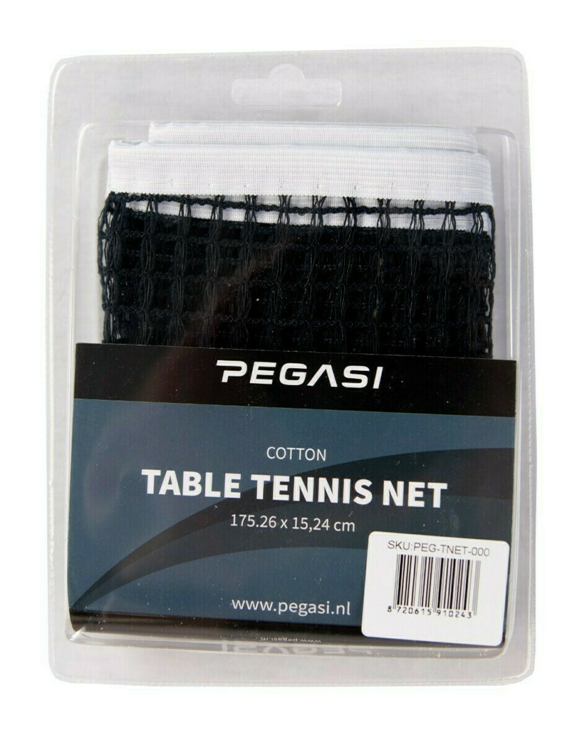 A table tennis net in a clear plastic package. The net is black with a white top. The package has a label with text and a barcode.