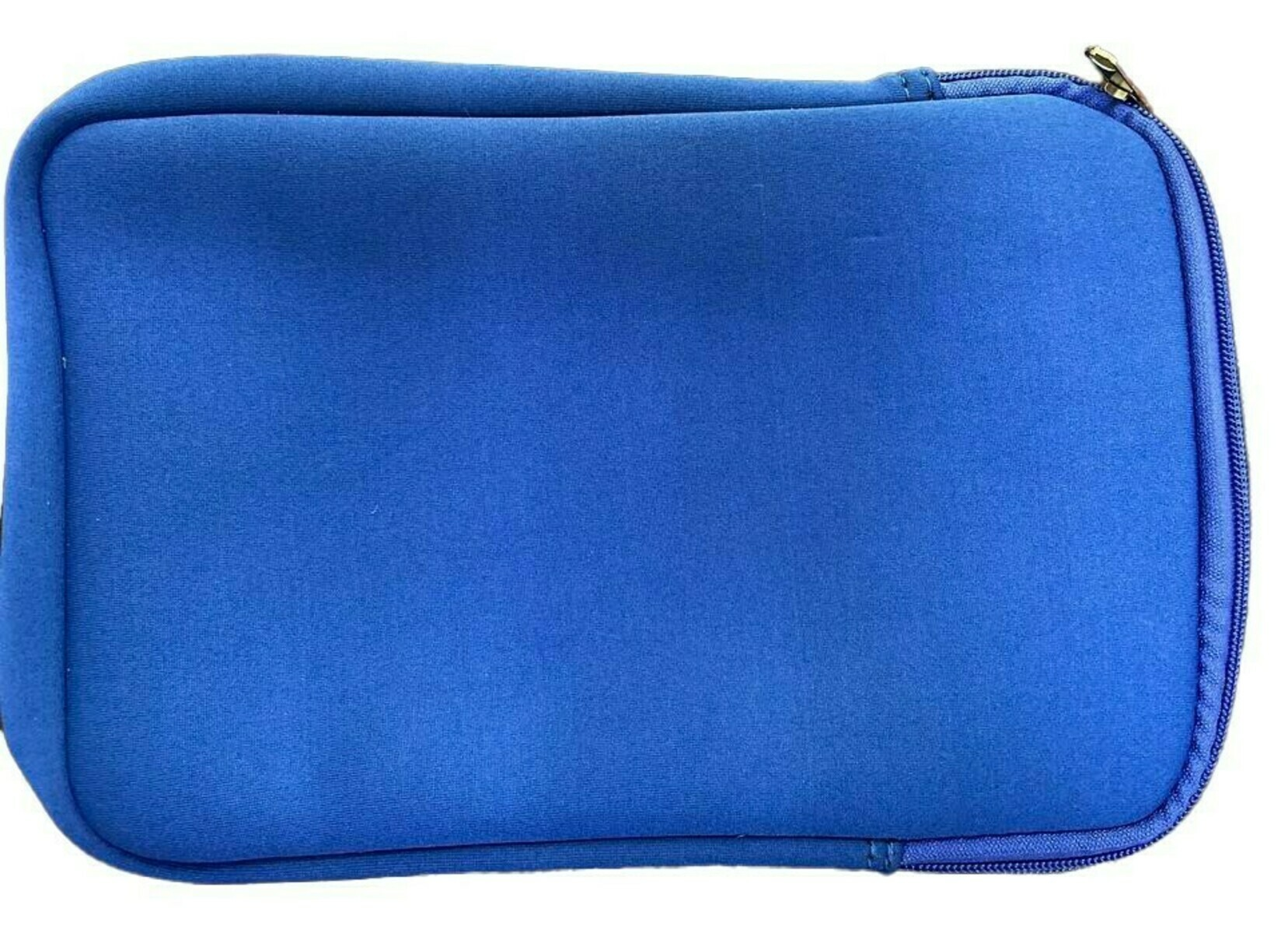 A blue rectangular case with a zipper. The case is solid blue, with a gold-colored zipper pull on the right.