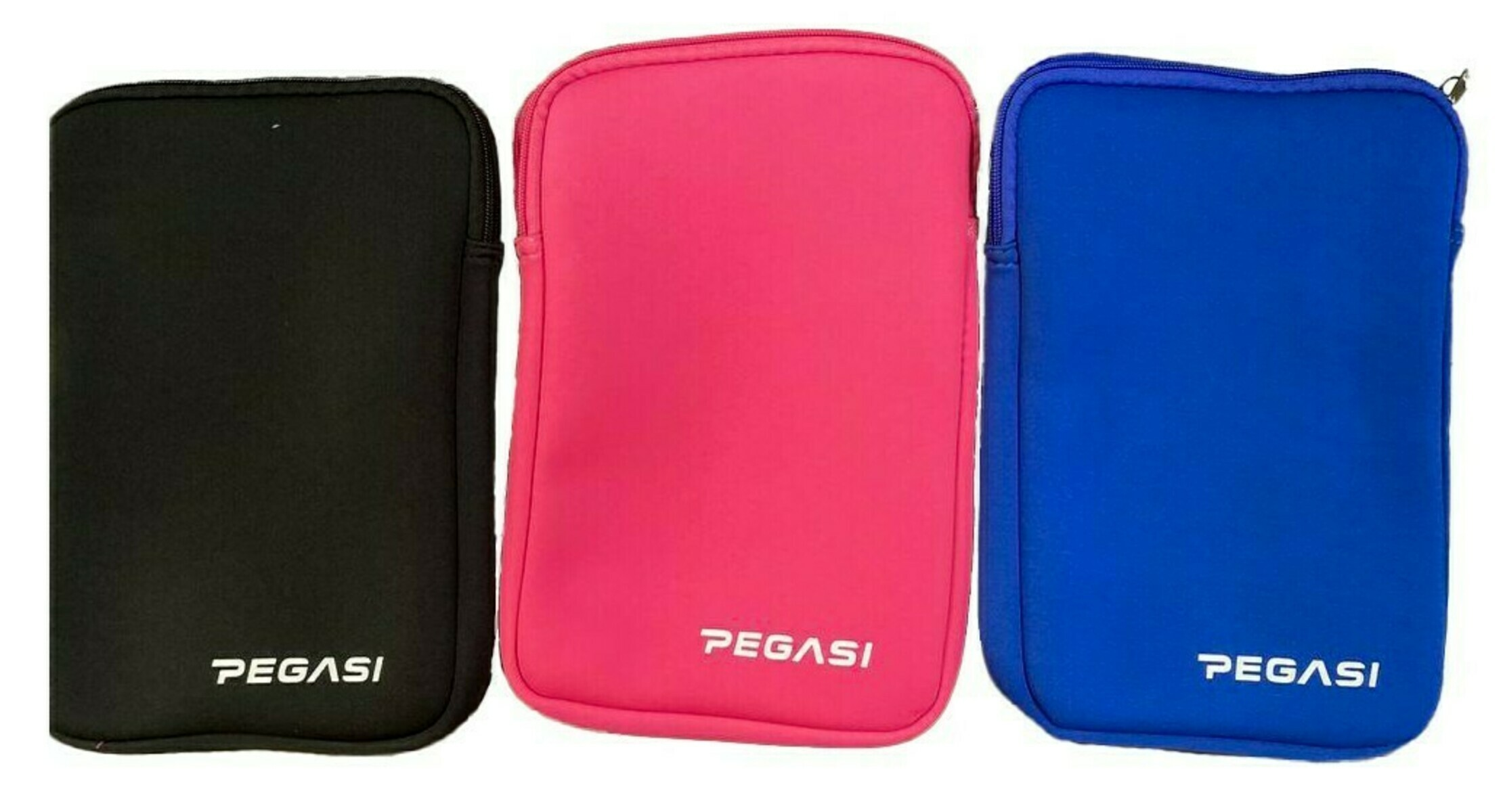 Three tablet cases: black, pink, and blue. Each has a zipper and the word 'PEGASI' printed on it.