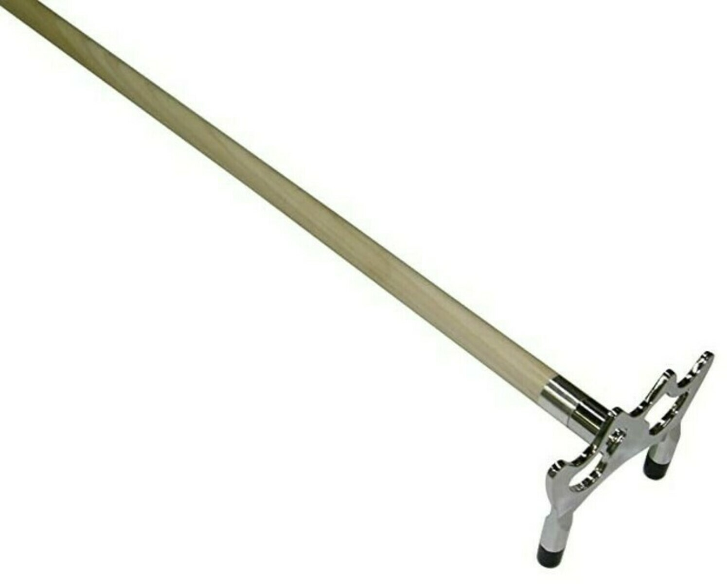 Een keubridge. Het heeft een houten handvat en een zilveren metalen kop met sleuven om een keu in te houden.