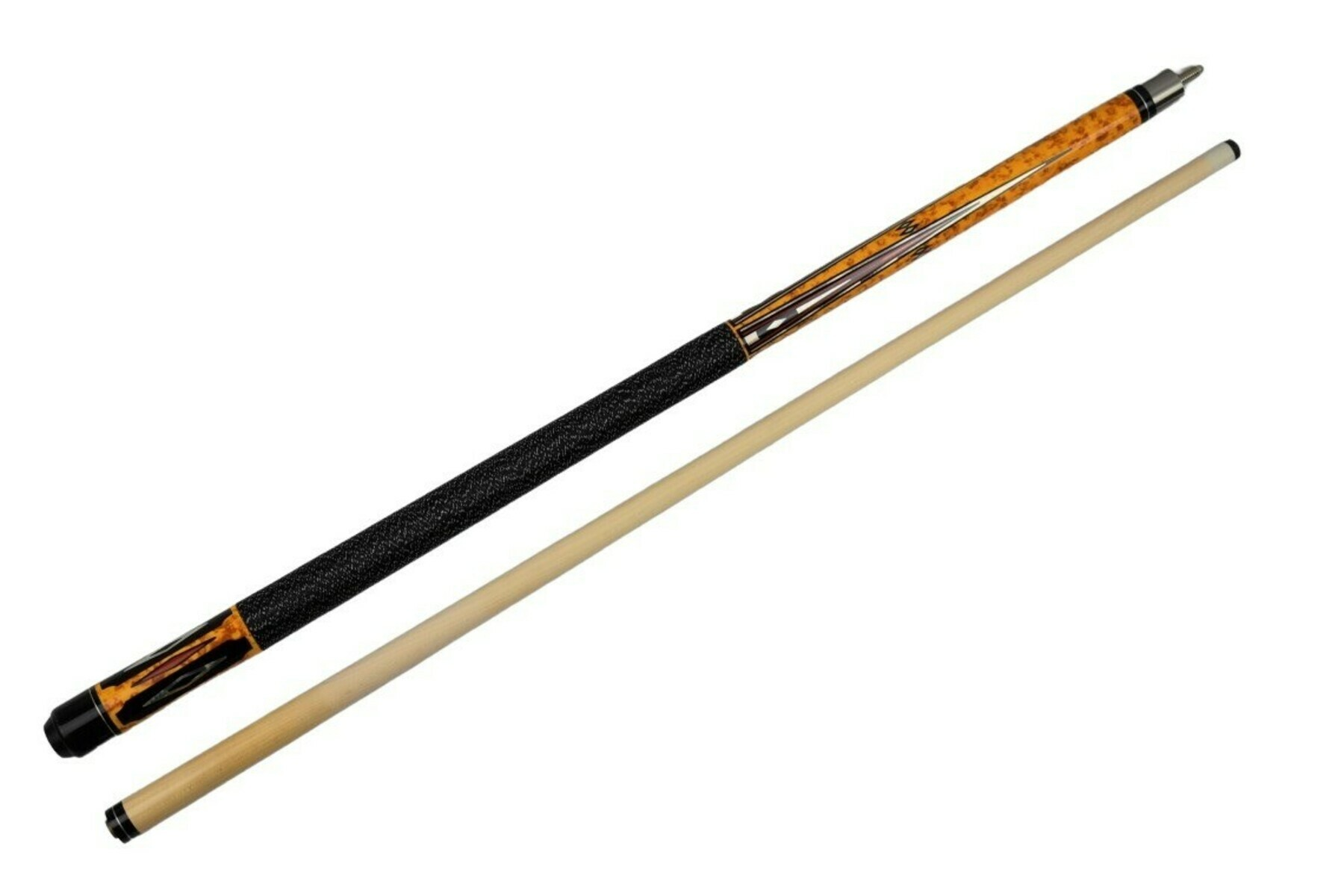 A pool cue lies diagonally against a white background. It has a black handle and a wooden shaft. The cue is detailed.