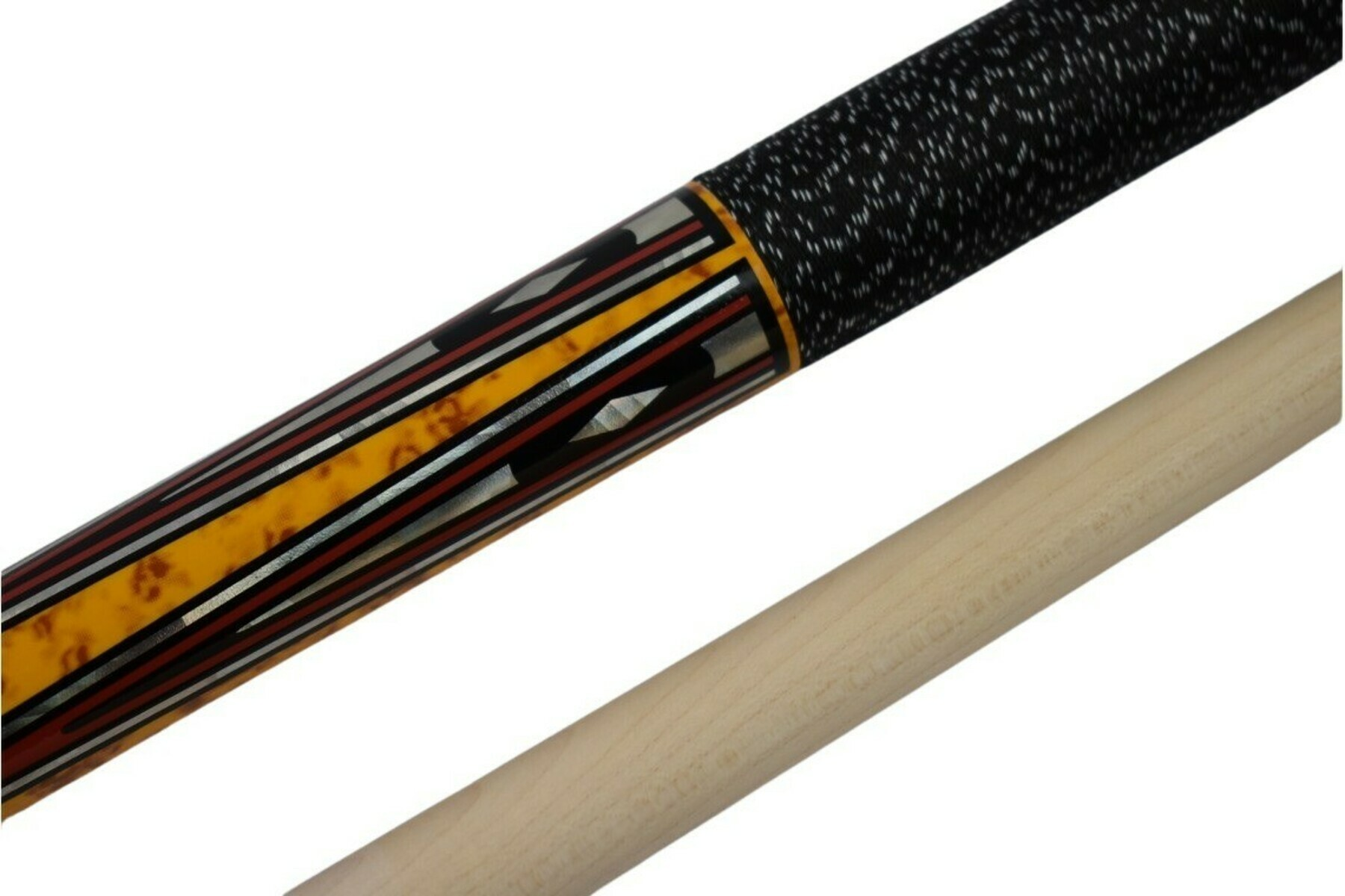 A pool cue is shown diagonally. The cue has a black grip, a decorative shaft with yellow and black patterns, and a wooden tip.