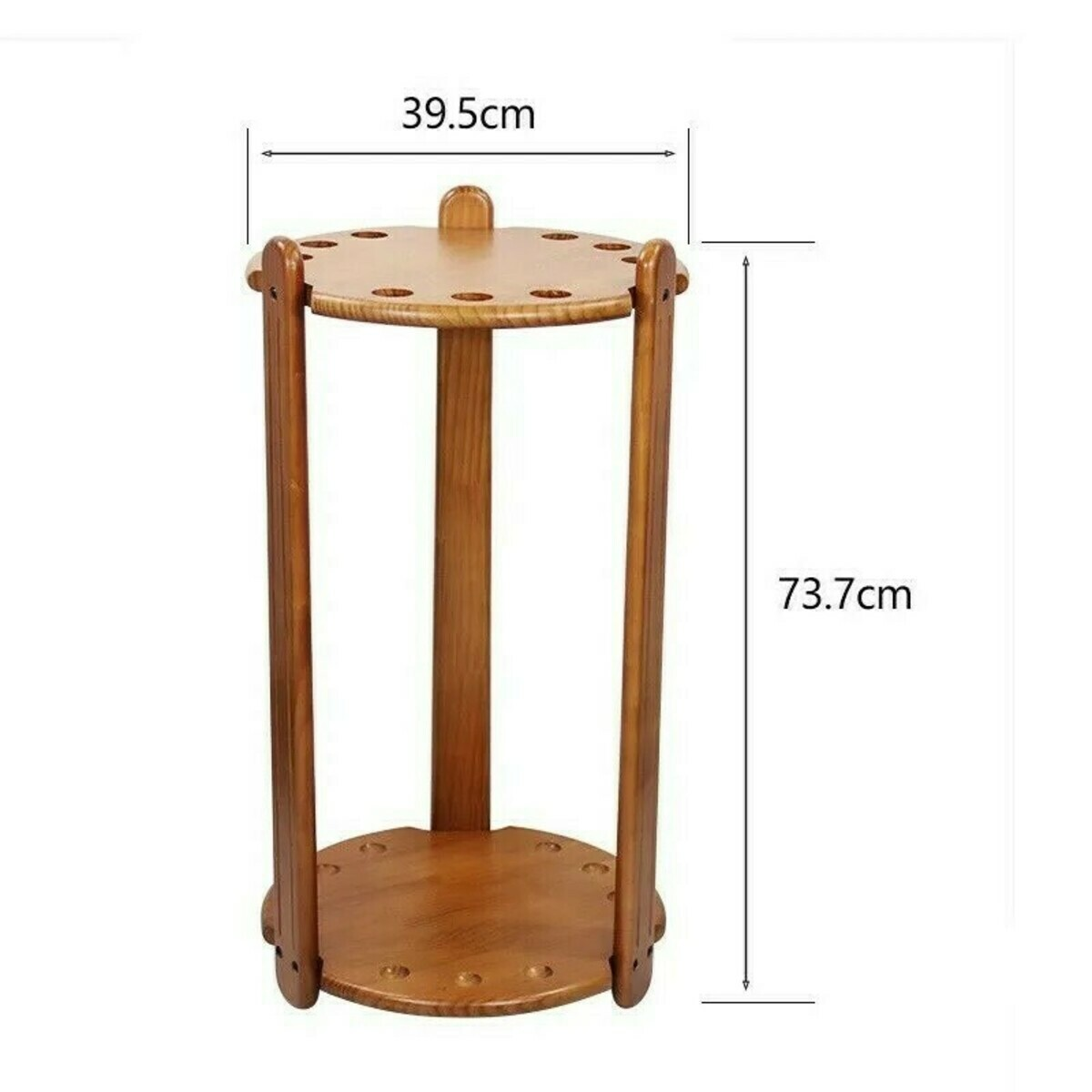 Een houten hengelhouder. De houder is bruin, met een ronde boven- en onderkant en drie verticale steunen. Afmetingen worden weergegeven.