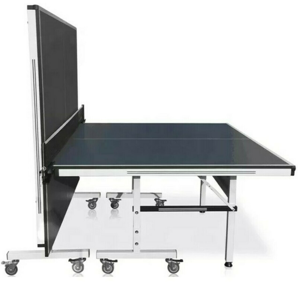 A ping pong table with a black surface and white frame. The net is up. It has wheels for easy movement.
