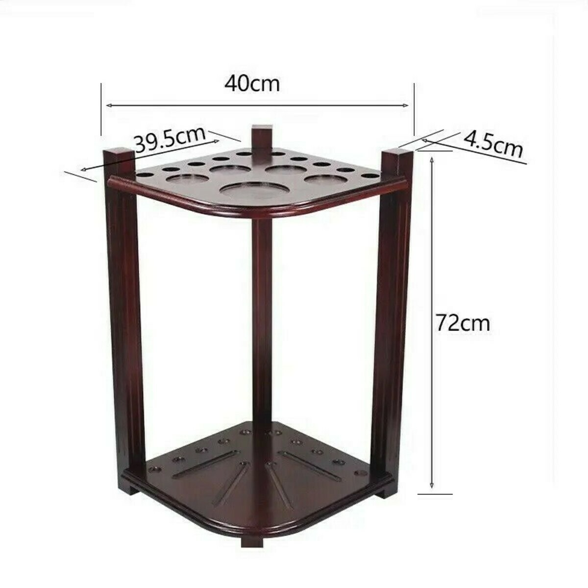 Een donkerbruine houten keuenrek. Het is driehoekig met afmetingen. Het heeft gaten voor keuen en een basis.