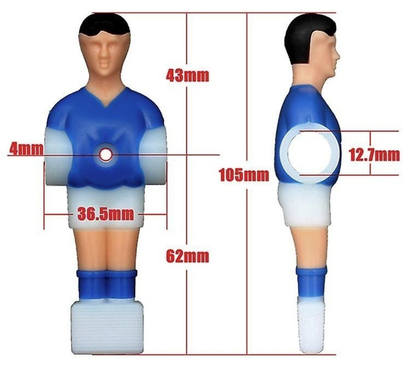 Een tafelvoetbalspelerfiguur in blauw en wit, met afmetingslabels. De figuur is mensachtig, met afmetingen in mm.