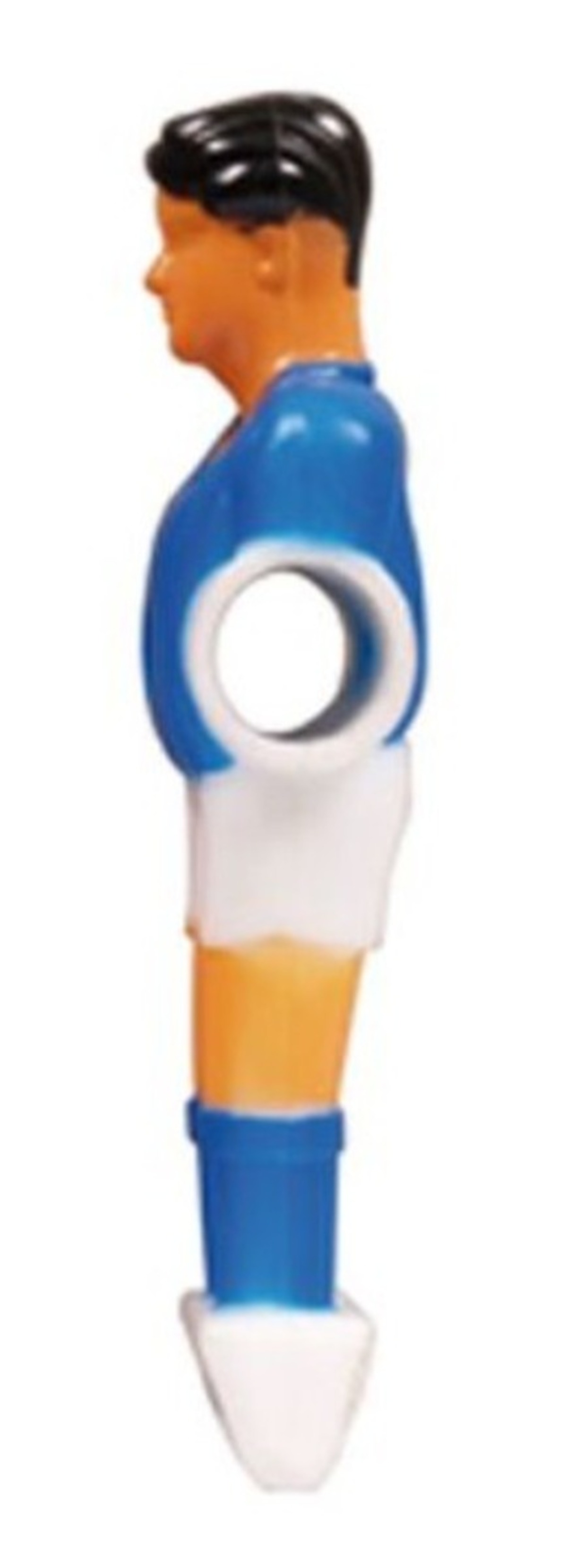 Een tafelvoetbalspelerfiguur in blauw-wit uniform, met zwart haar en een oranje huid, op een witte achtergrond.