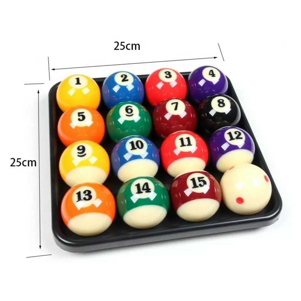 Een set biljartballen genummerd 1-15, gerangschikt op een zwarte tray. Kleuren zijn geel, blauw, rood, paars, groen en wit.