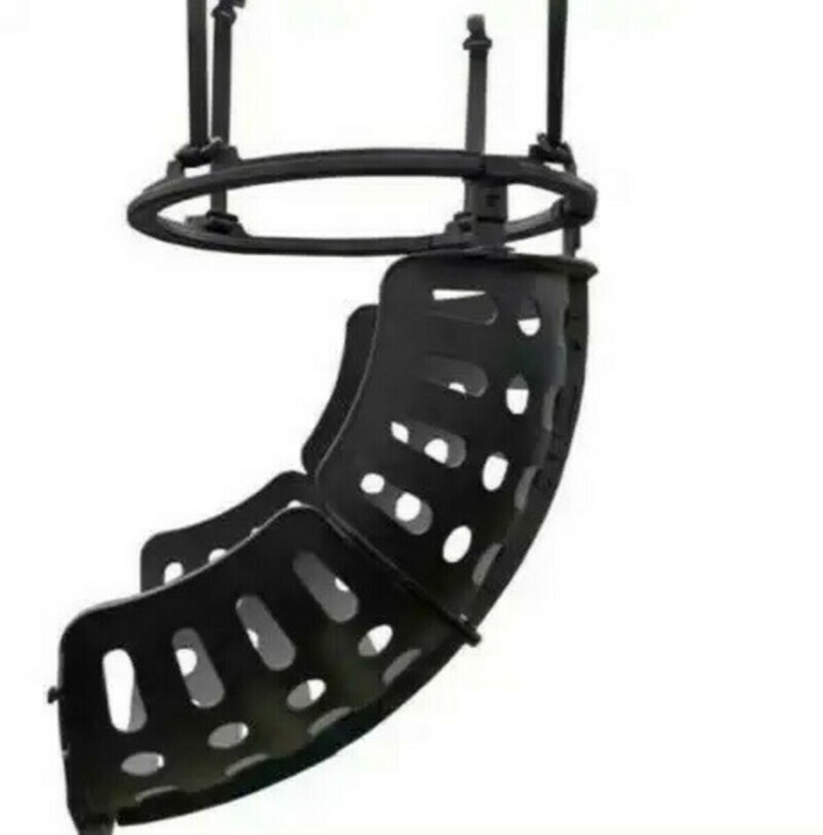 A black speaker system, including a ring, hanging from the top with support bars and a curved speaker with multiple holes.
