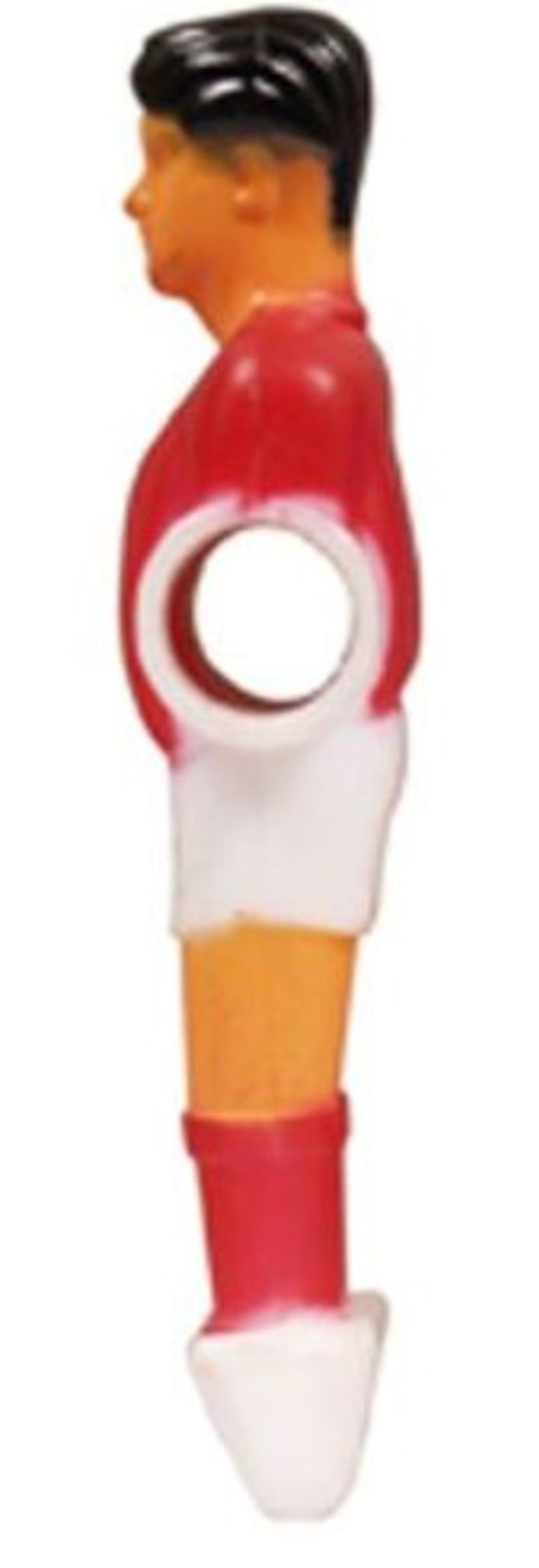 Een tafelvoetbalspeler figuur. Het heeft een rood shirt, witte shorts, oranje benen, rode sokken en zwart haar.