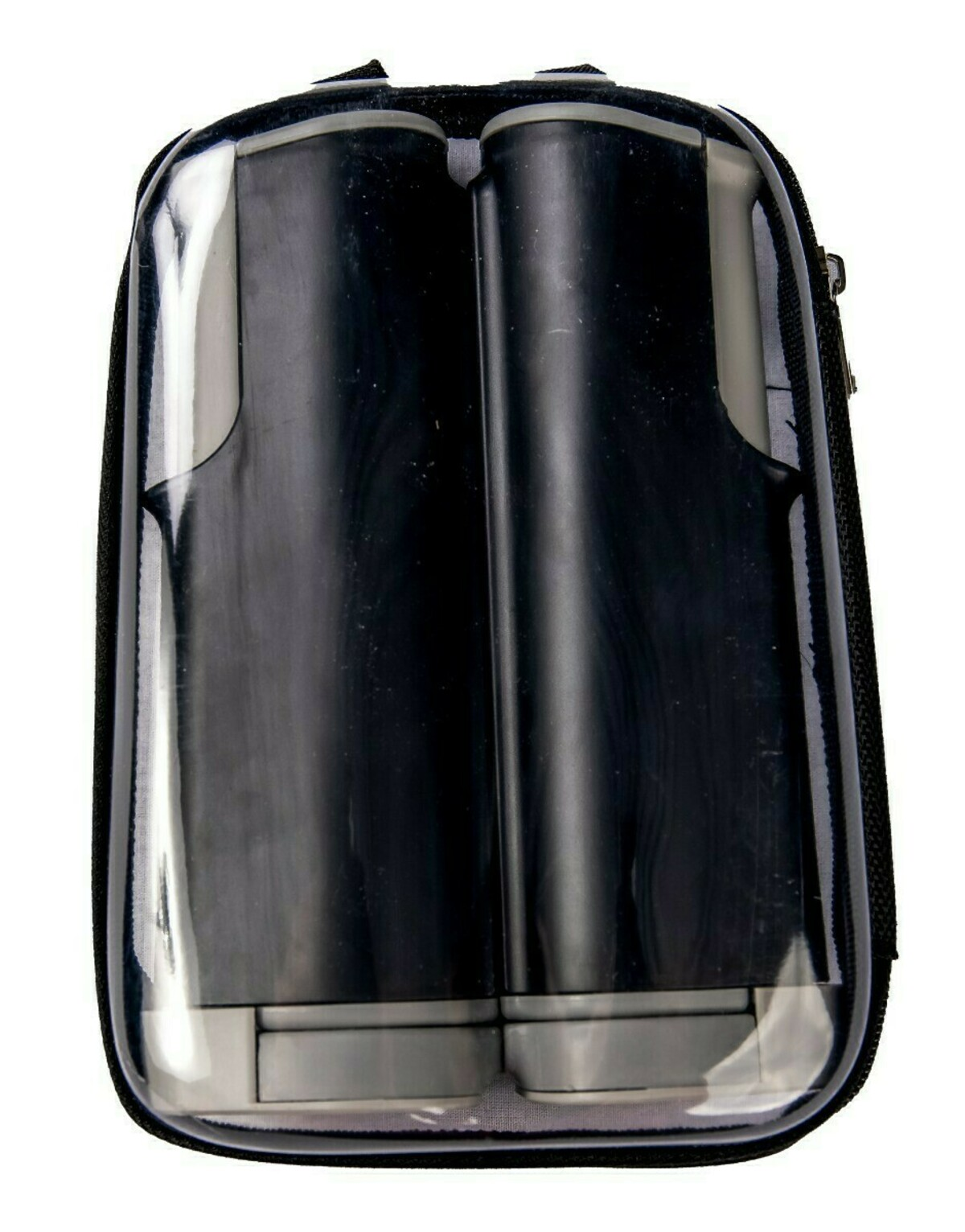Black ping pong paddle case with clear plastic front. Contains two paddle handles. Black case with a zipper.