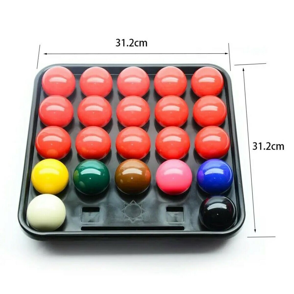 Een dienblad met snookerballen. Meestal rood, met gele, groene, bruine, roze, blauwe, witte en zwarte ballen. Afmetingen zijn 31,2 cm x 31,2 cm.