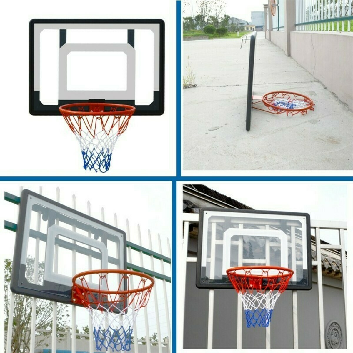 Four images of basketball hoops. Each shows a hoop with net, some mounted on backboards. Different angles and settings are shown.