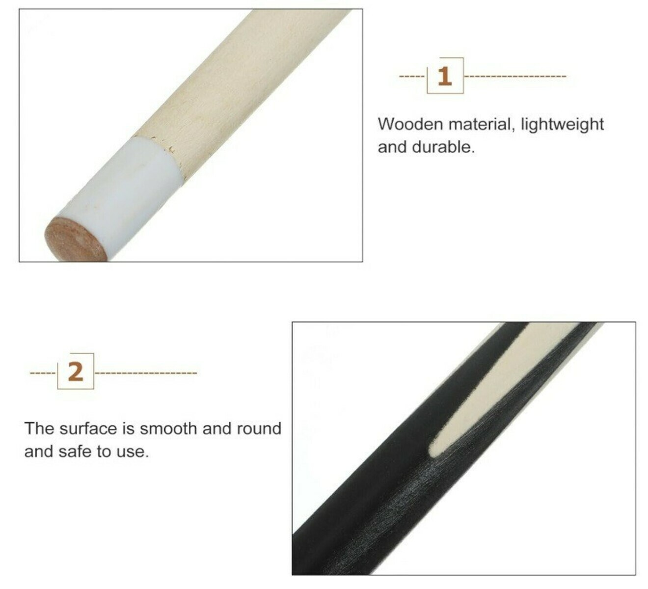 Afbeelding toont een keu-punt met houten materiaal en een witte ferrule. De schacht van de keu is zwart en wit.