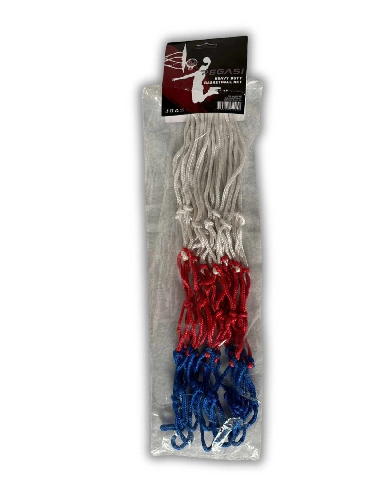 A new basketball net in a plastic bag. The net is white, red, and blue. The package has a black label.