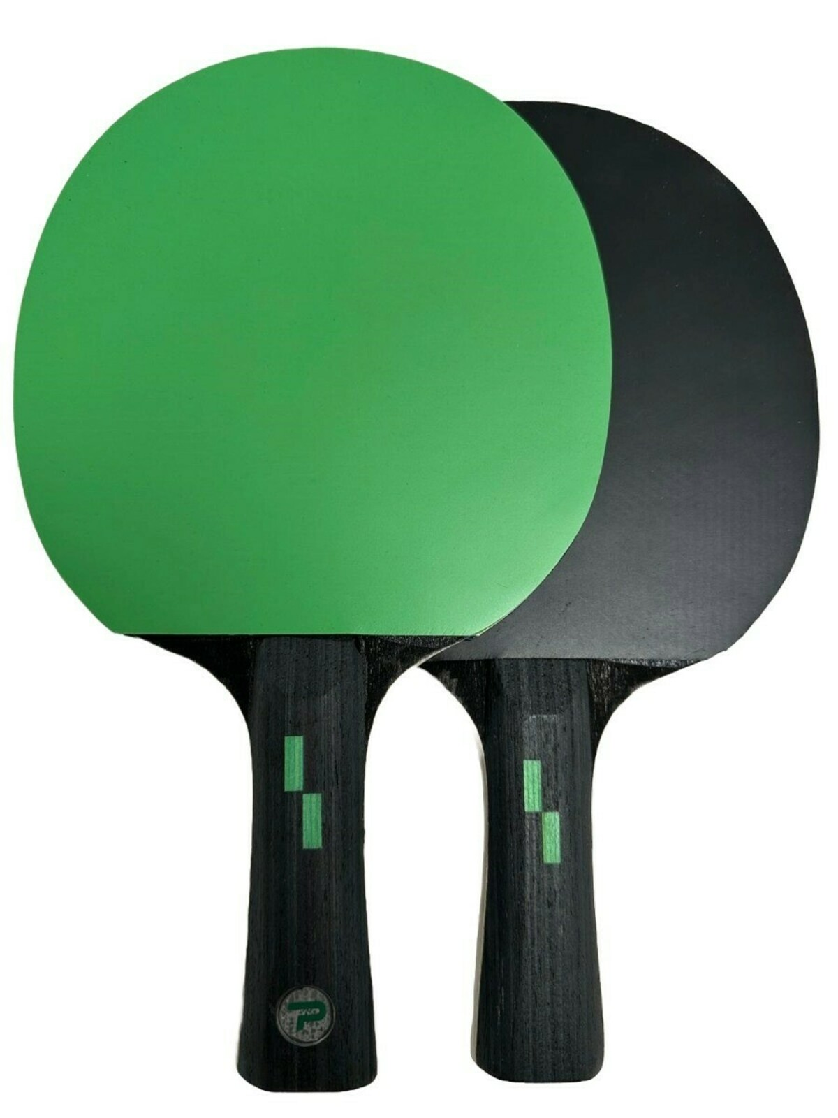 Two table tennis paddles. One has a green surface, the other is black. Both have black handles with green accents.