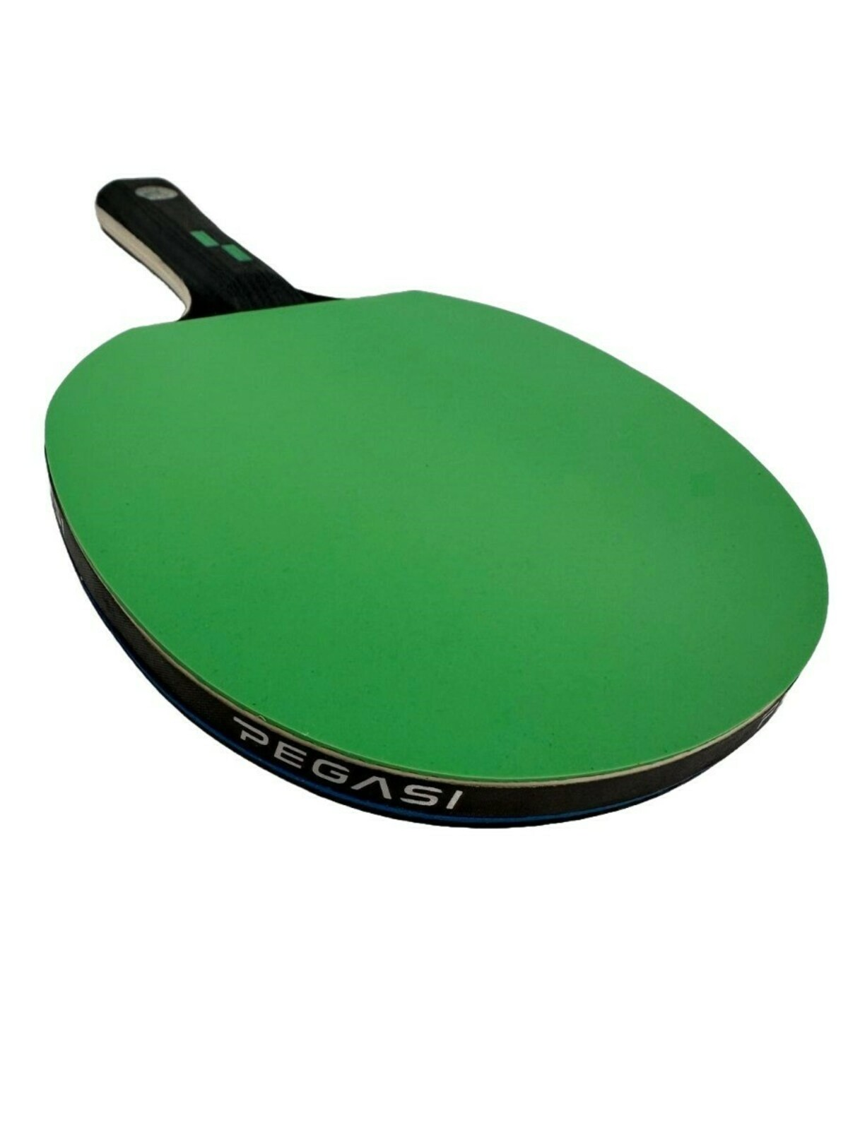 A green table tennis racket with a black handle. The word 'PEGASI' is written on the side.
