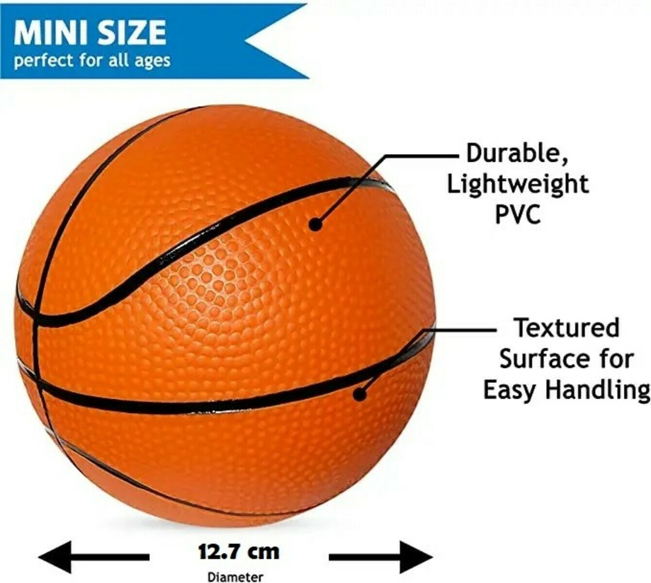 Een oranje basketbal met zwarte lijnen, gemarkeerd met 'Mini Size'. Tekst geeft aan dat het duurzaam, lichtgewicht PVC is en een gestructureerd oppervlak heeft.
