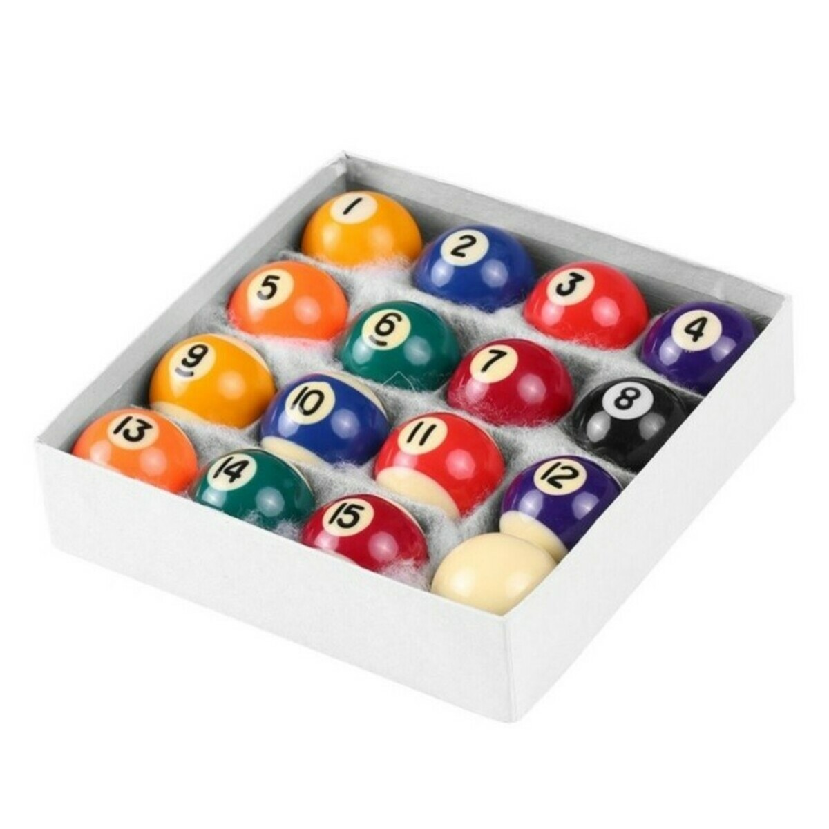 Een doos met biljartballen, elk met een andere kleur en nummer. De ballen zijn gerangschikt in een witte doos.