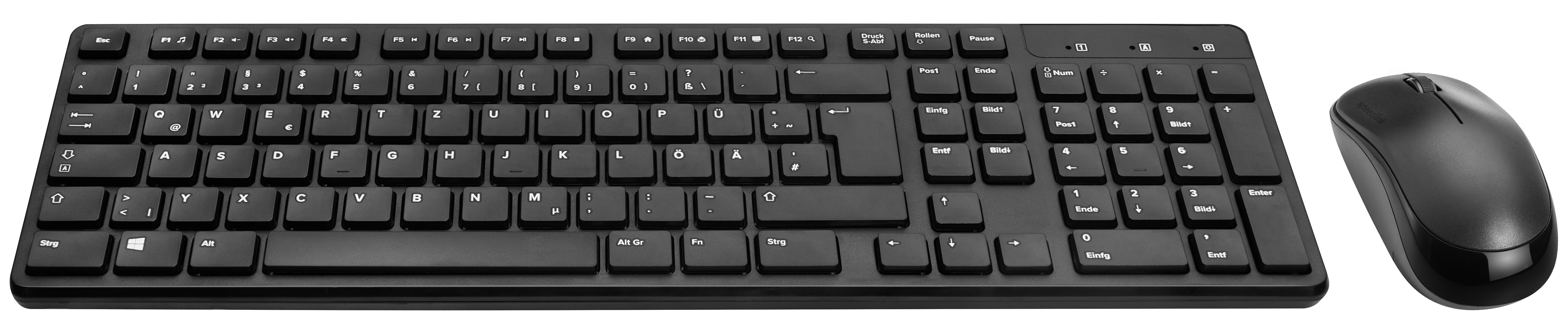 Un set di tastiera e mouse neri. La tastiera ha tasti neri con lettere e numeri bianchi.