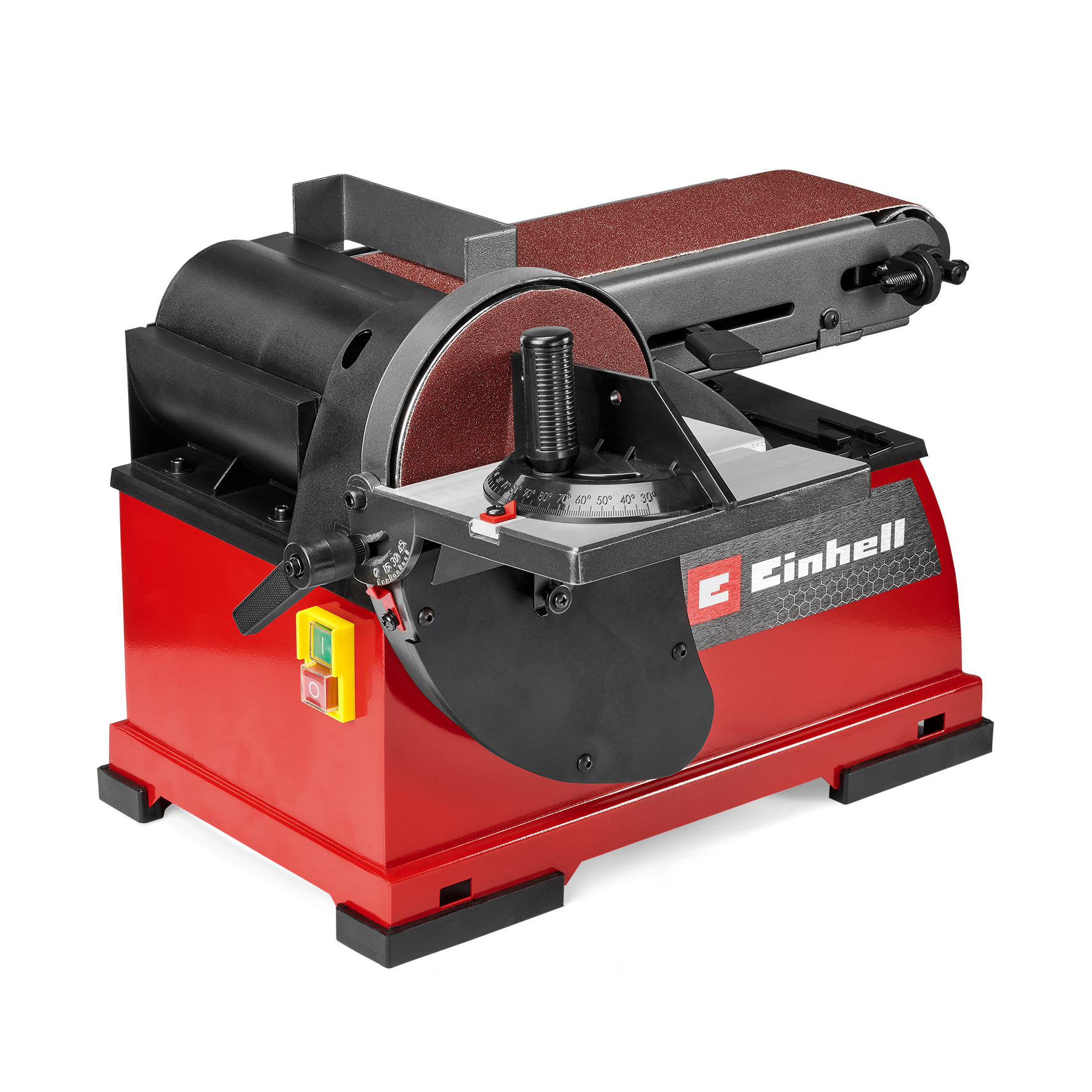 Kırmızı ve siyah bir Einhell bant ve disk zımparası. Zımpara bandı, diski ve güç anahtarı vardır. Tabanı kırmızıdır.