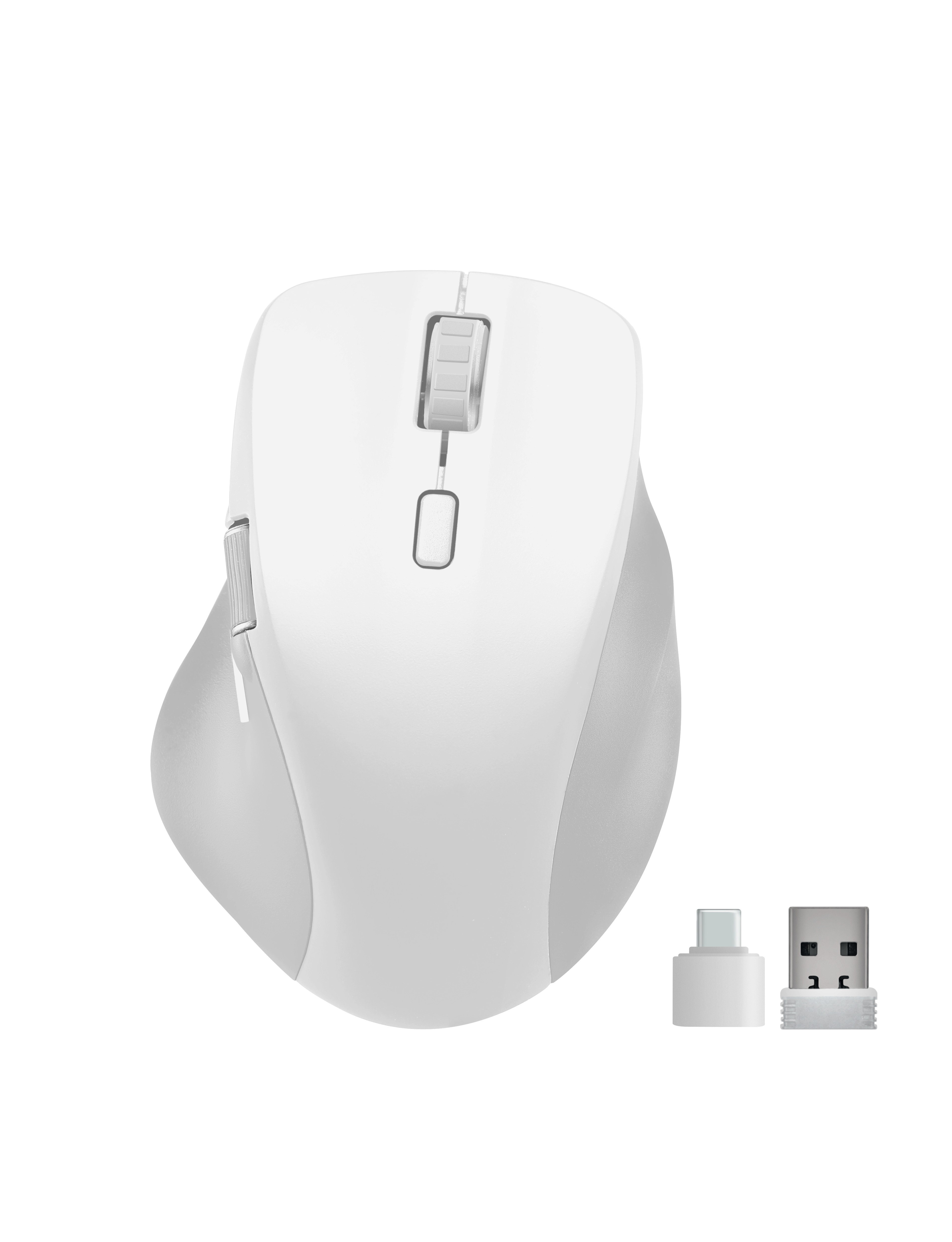 Un mouse per computer wireless bianco con ricevitore USB e adattatore USB-C, isolato su sfondo bianco.