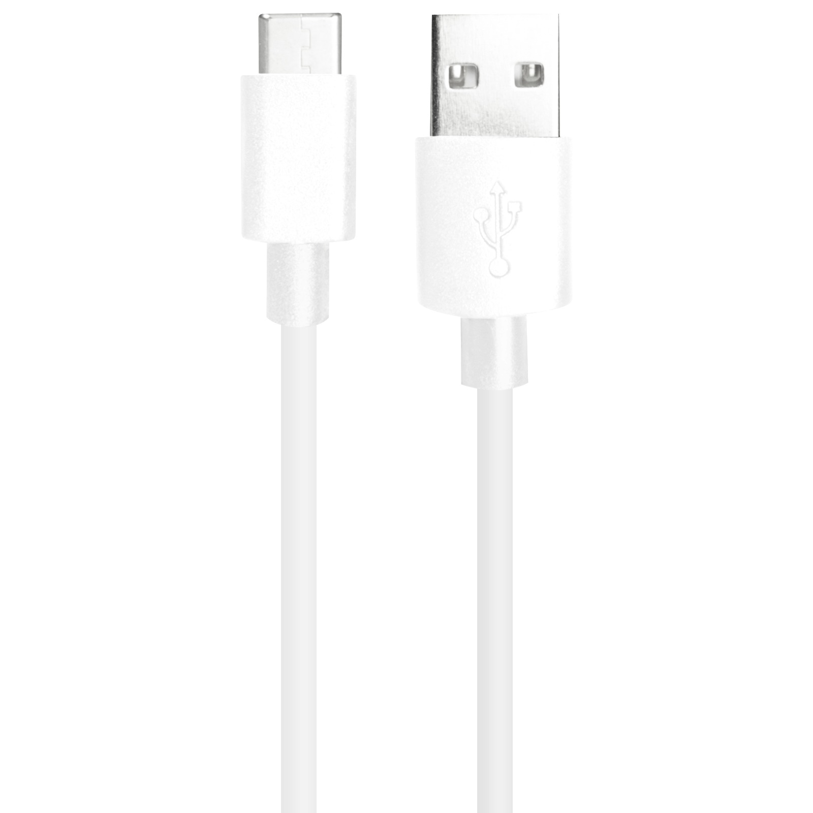 Un cavo USB bianco è mostrato su sfondo bianco. Ha un connettore USB-C e un connettore USB standard.