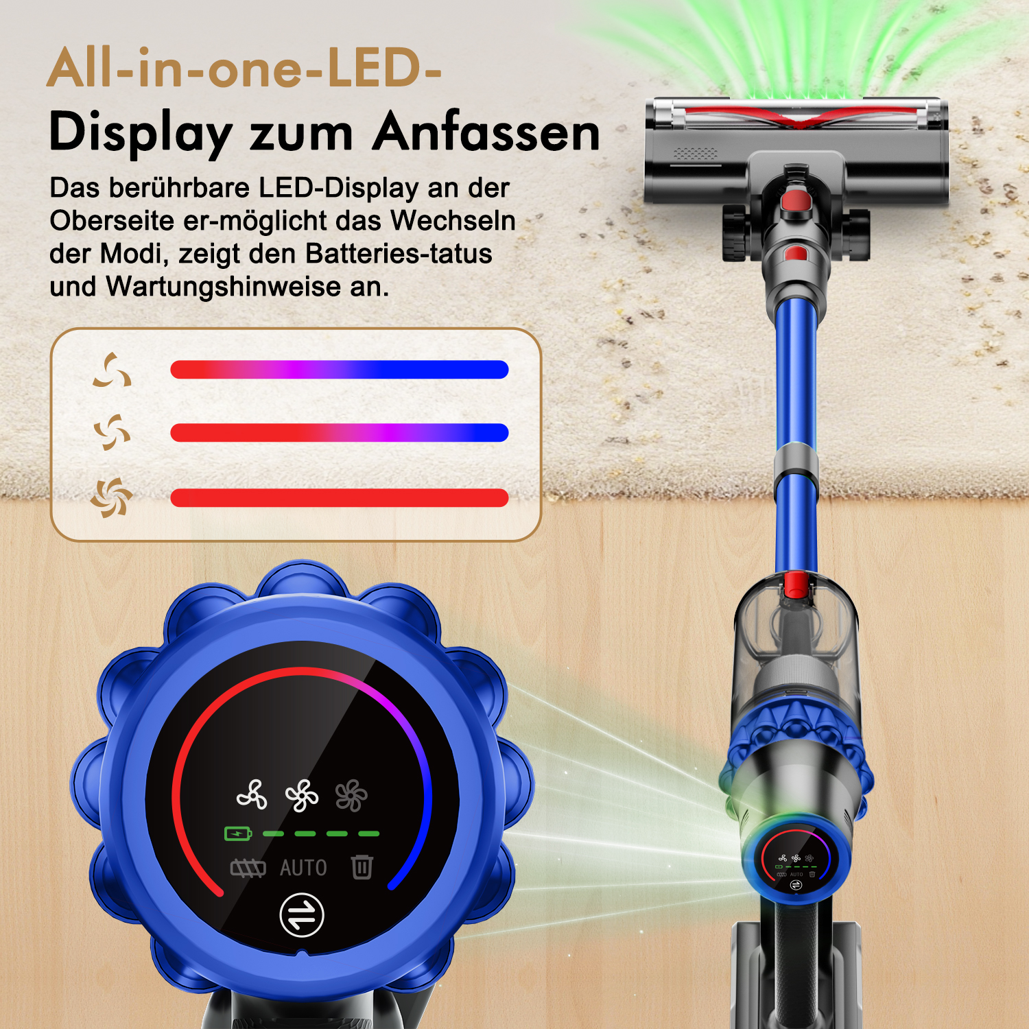 Blauer Staubsauger auf einem Teppich. Ein Display zeigt Batterie und Modus. Text: All-in-one-LED-Display zum Anfassen.