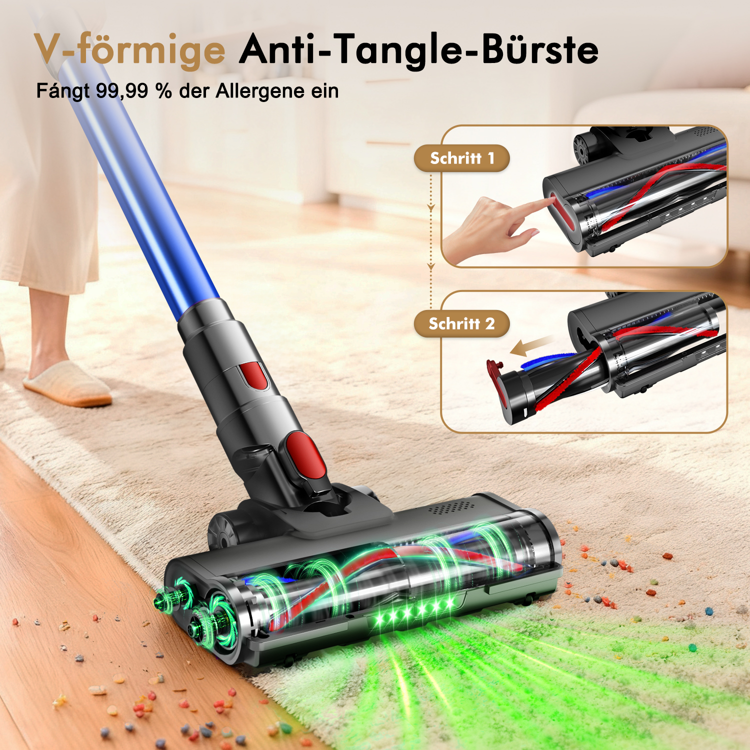 Ein Staubsauger mit blauen und grauen Teilen reinigt einen Teppich. Er wird als Anti-Tangle beworben und entfernt Allergene.