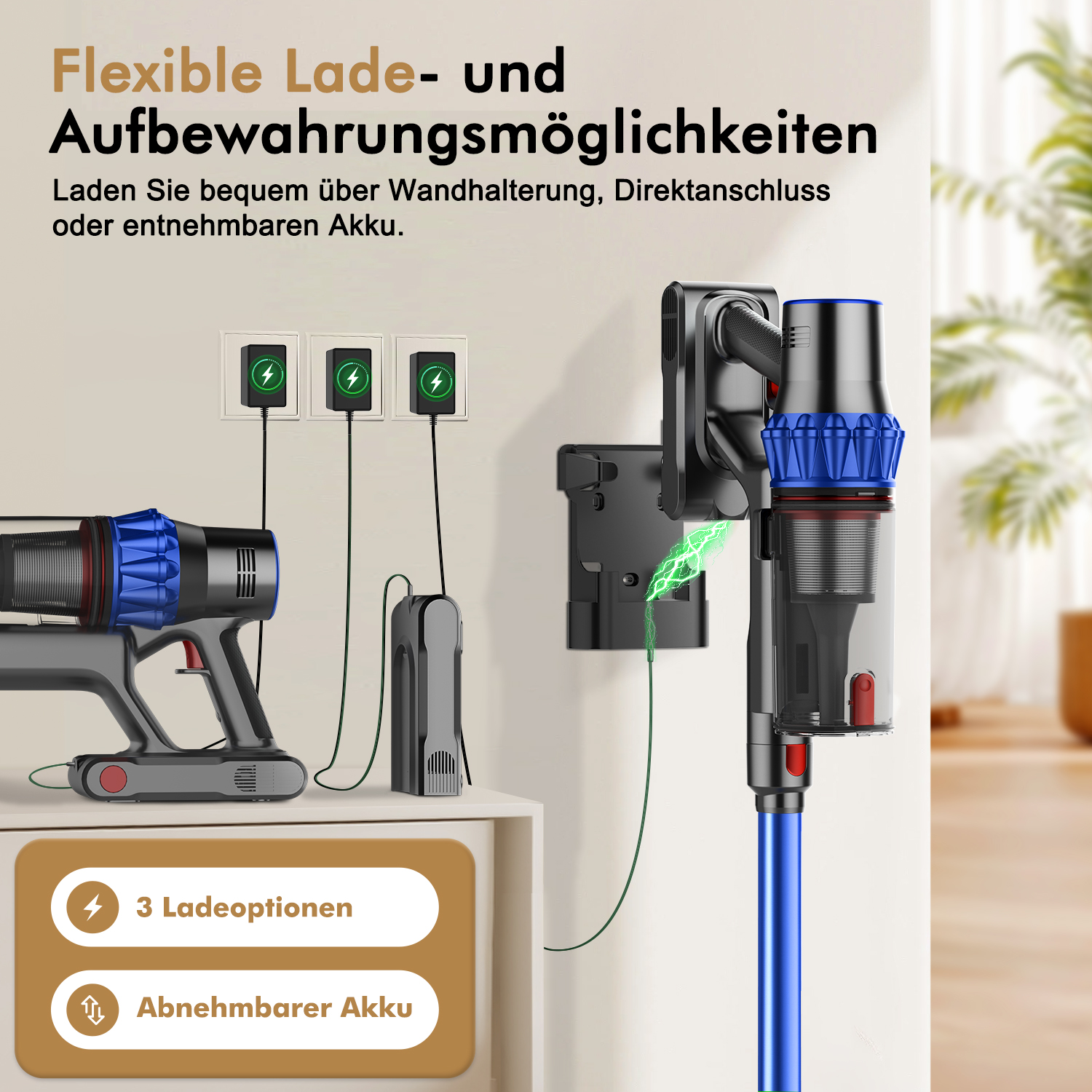Ein kabelloser Staubsauger mit blauen und schwarzen Details wird gezeigt, mit Ladeoptionen: Wandhalterung, direkt oder Akku entnehmbar.