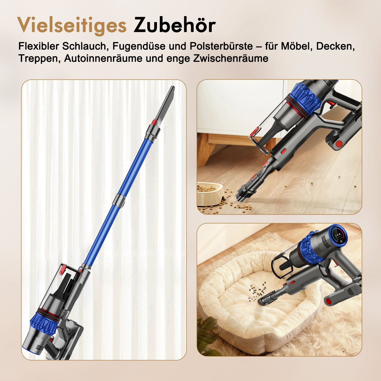 Das Bild zeigt einen Staubsauger mit verschiedenen Aufsätzen. Demonstrationen umfassen die Reinigung von Möbeln, Autoinnenräumen und Haustierbetten.
