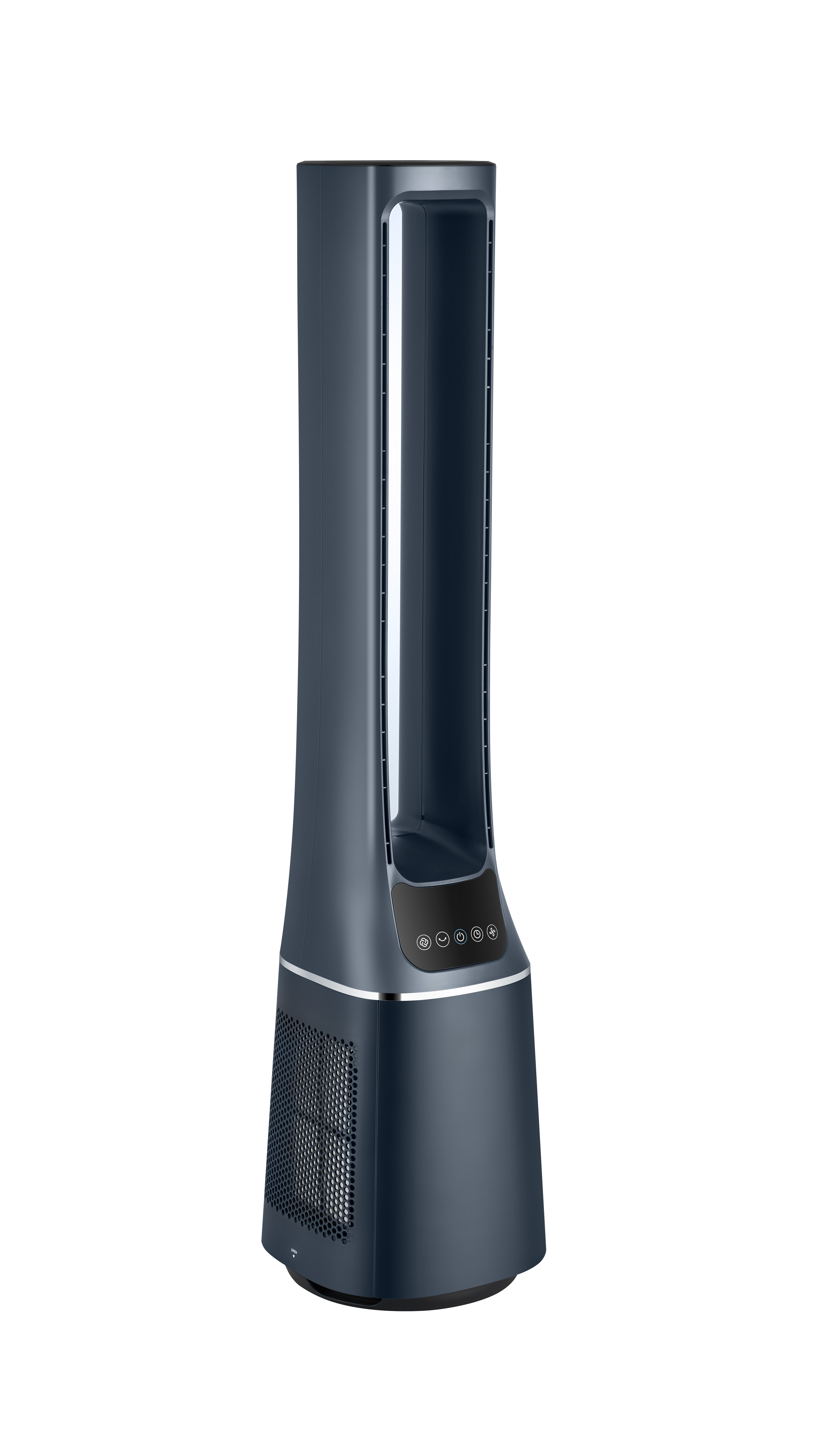 Ein dunkelblauer Turmventilator steht vor einem weißen Hintergrund. Er hat eine Lüftung am Boden und Steuertasten.