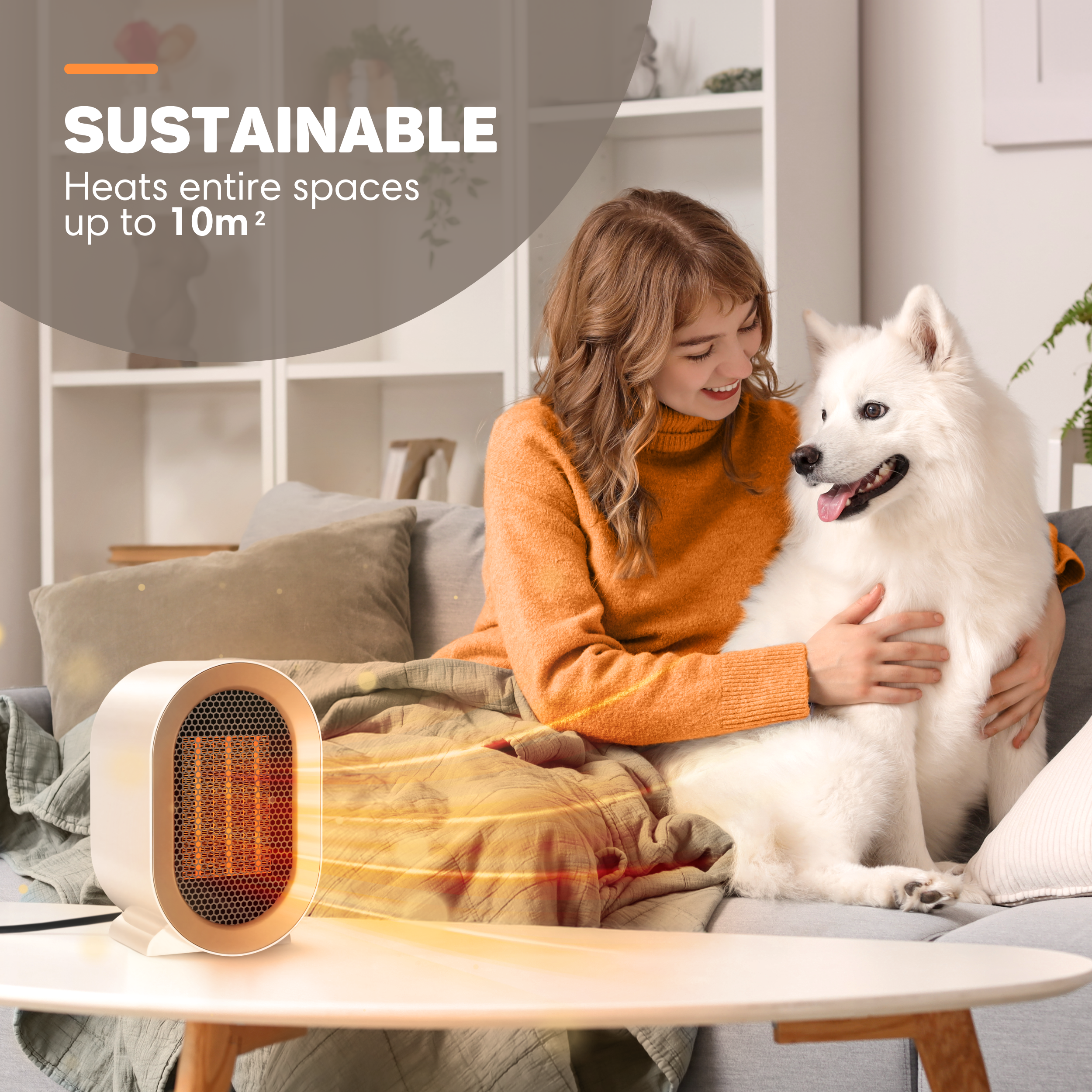 Eine Frau und ein weißer Hund sitzen in der Nähe einer Heizung auf einer Couch.