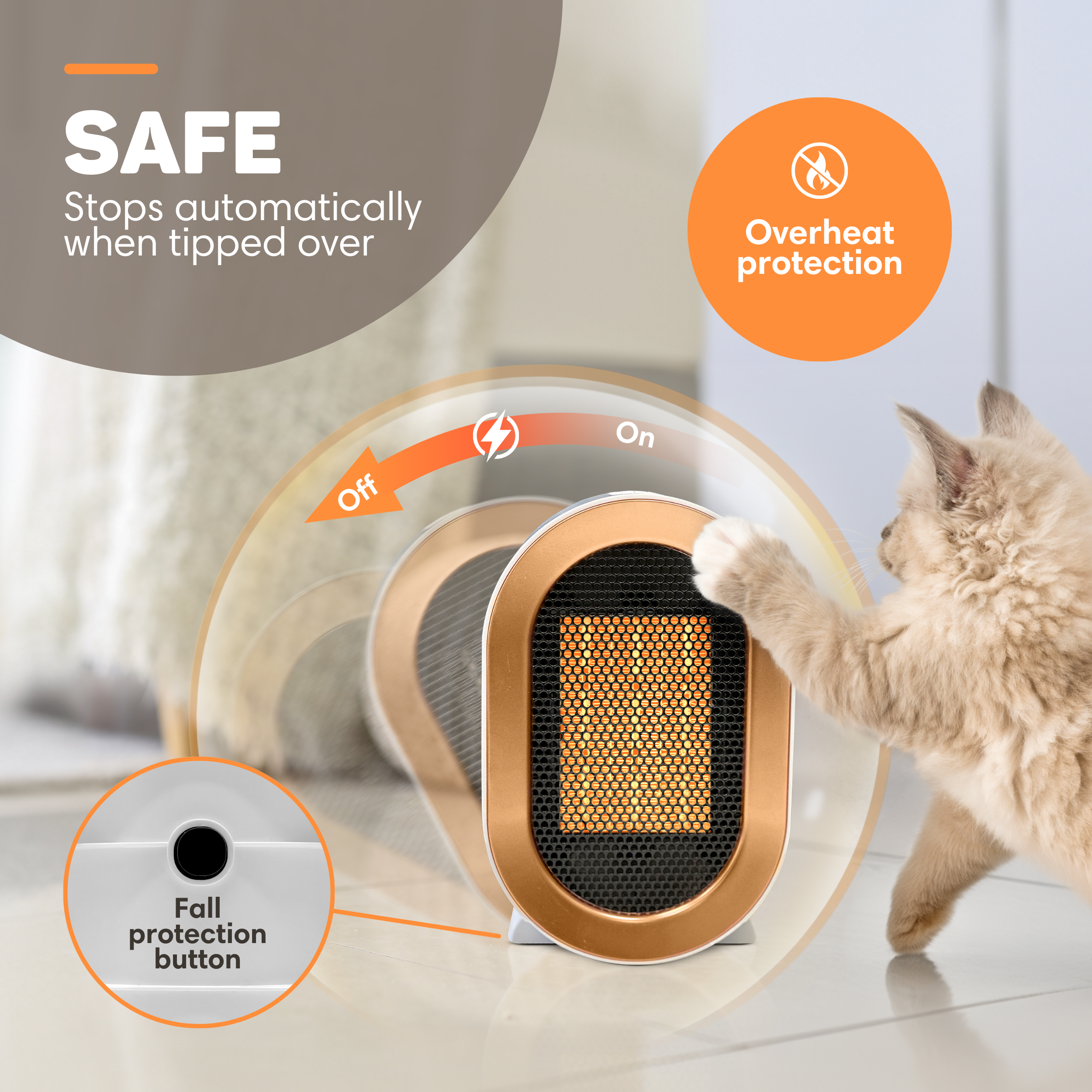 A cat reaching for a gold and black space heater. Text shows it has safety features. The heater is on.