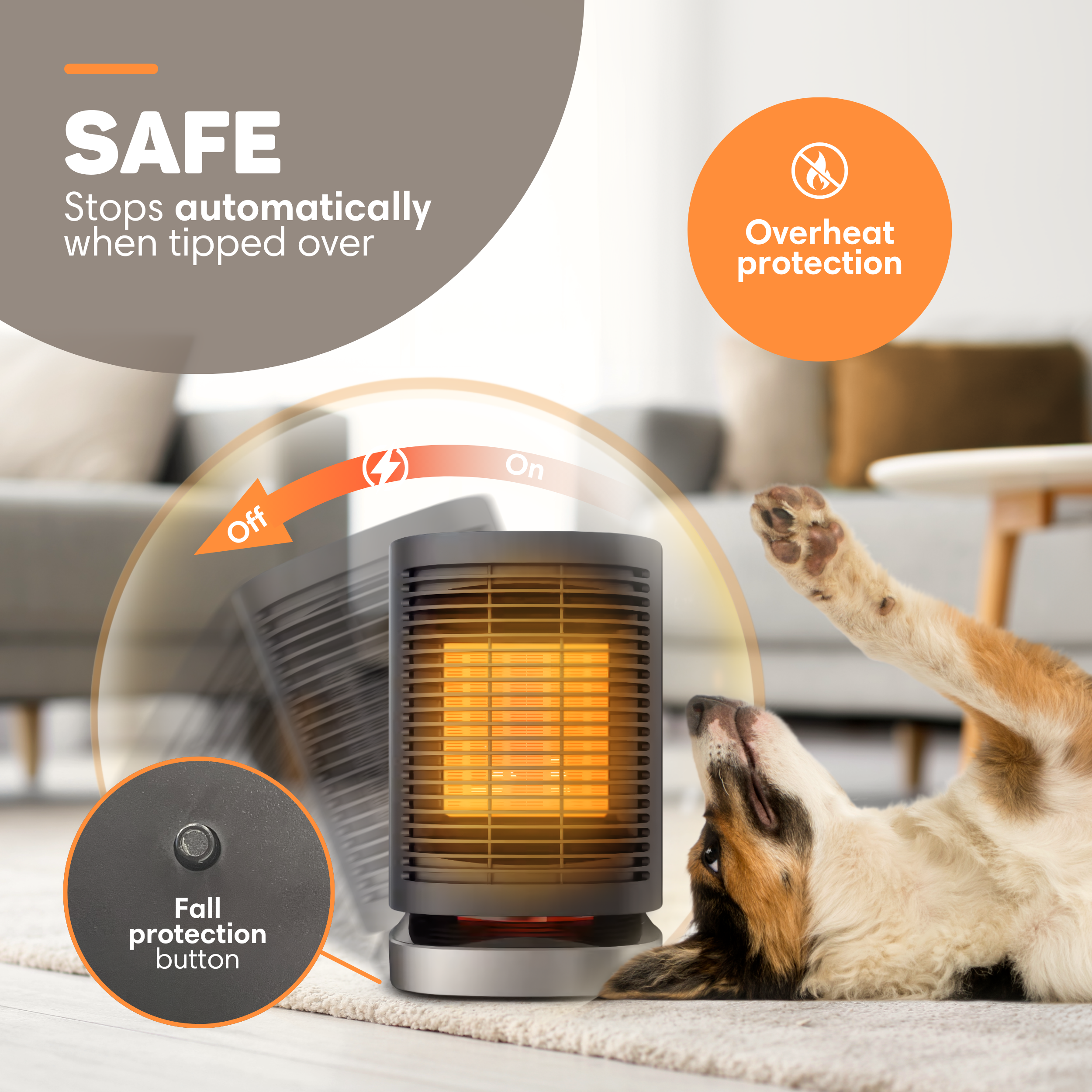 A heater is on, with a dog lying next to it. Text indicates safety features such as fall protection and overheat protection.