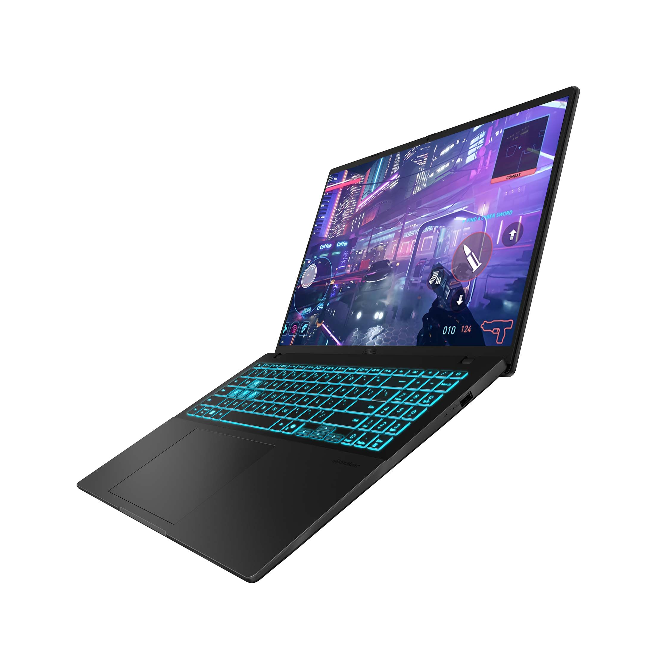 Schwarzer Laptop, der eine Spielszene anzeigt. Die Tastatur hat eine blaue Hintergrundbeleuchtung. Der Bildschirm zeigt eine Stadtansicht.