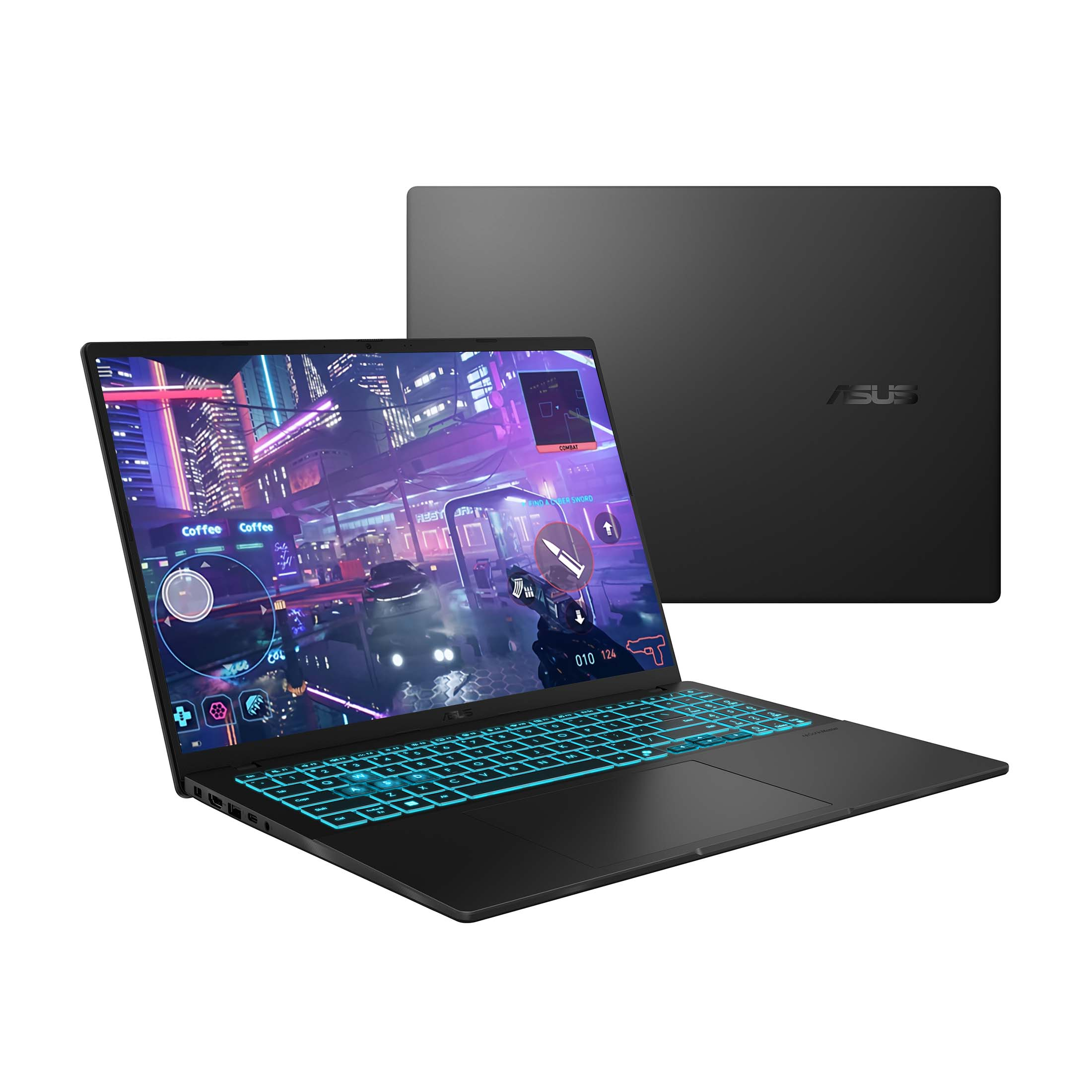 Schwarzer ASUS-Laptop mit Videospiel. Die Tastatur hat blaue Beleuchtung. Ein weiterer Laptop ist im Hintergrund.