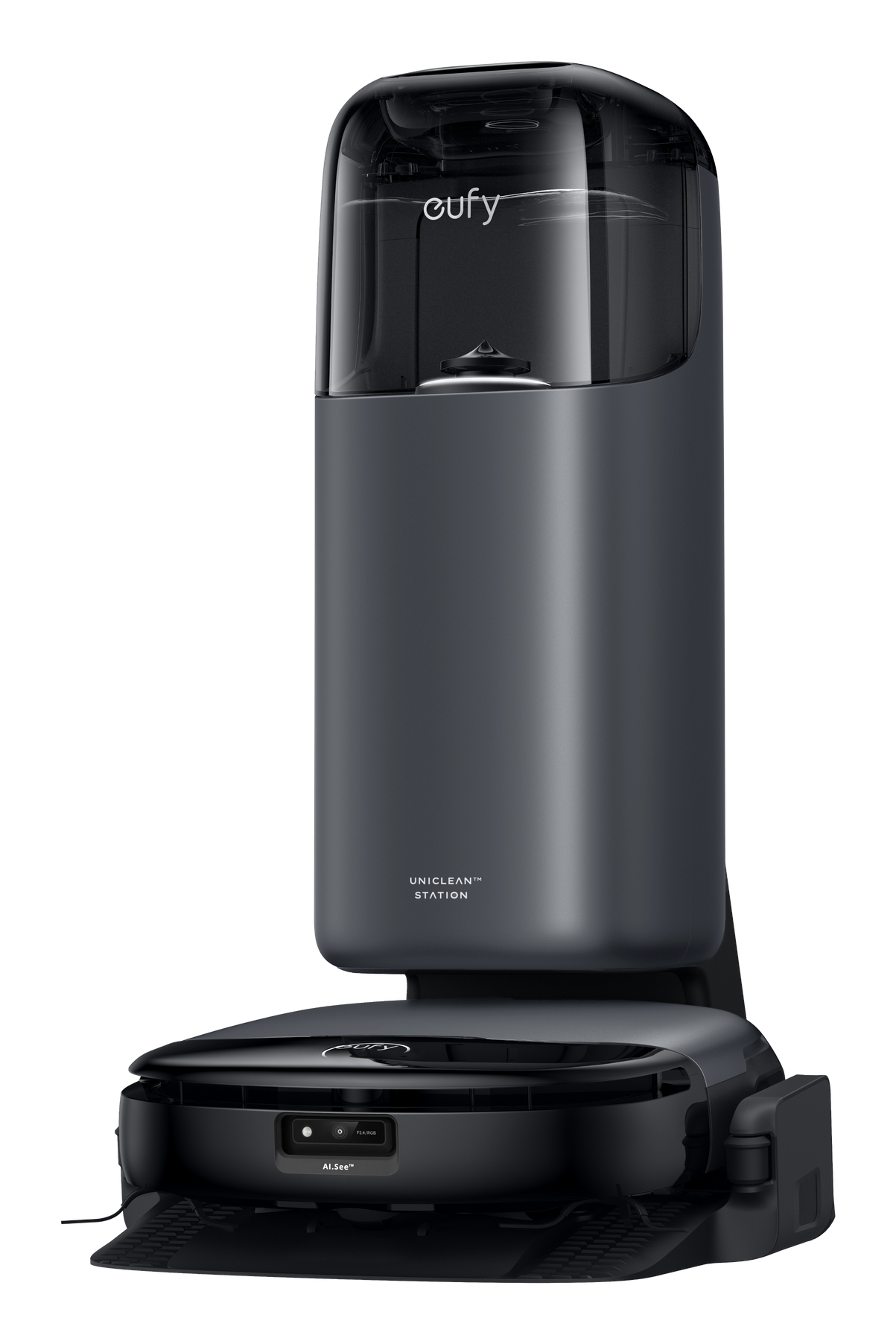 Ciemnoszary robot sprzątający Eufy i stacja ładująca. Stacja ma przezroczysty wierzch i cylindryczny korpus. Odkurzacz jest na dole.