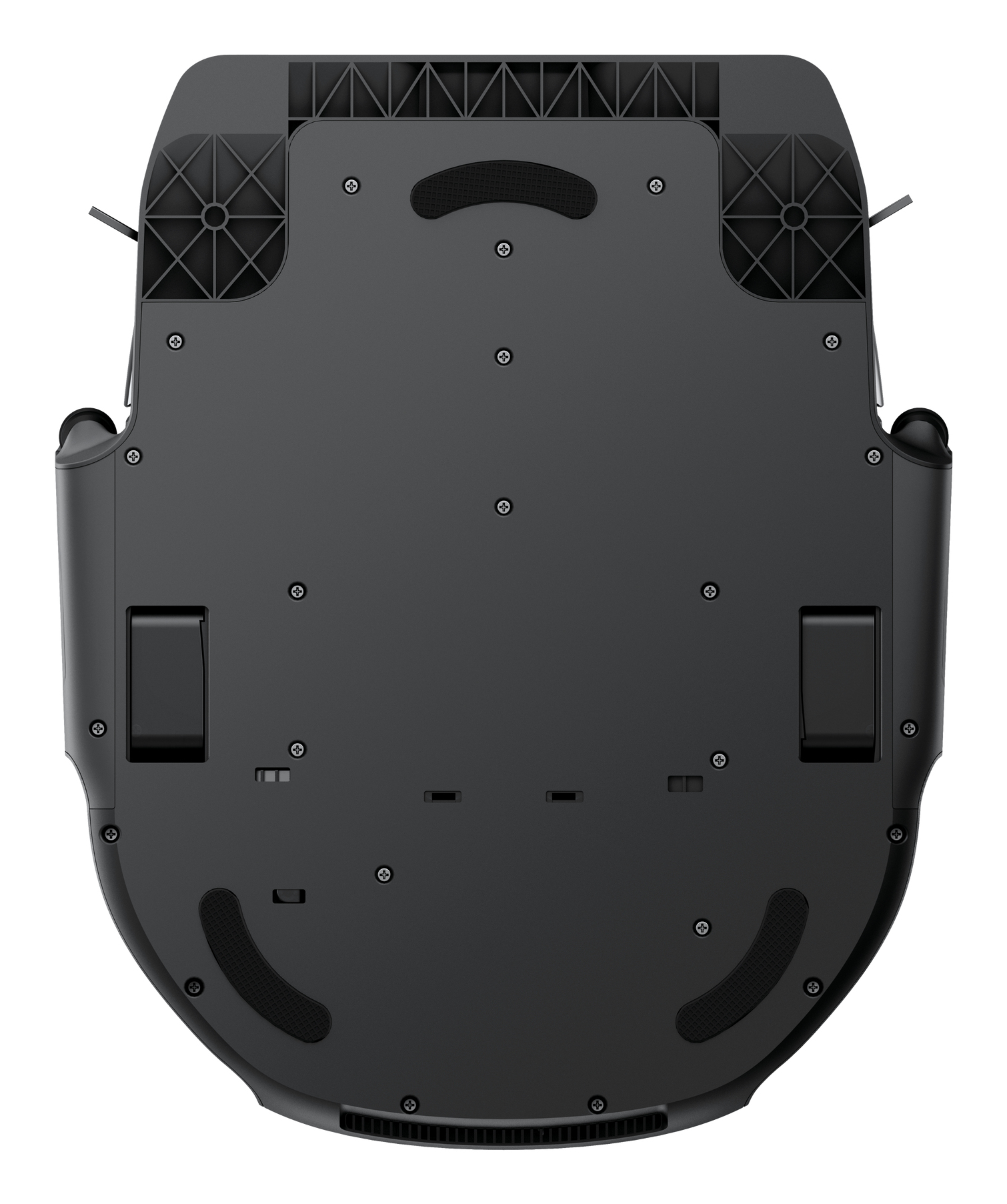 Zbliżenie, widok z góry na spód ciemnoszarego robota odkurzacza, ukazujący różne komponenty.