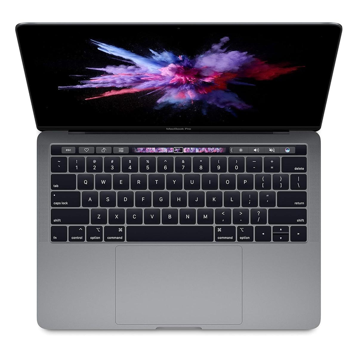 Otwarty laptop MacBook Pro. Ekran wyświetla kolorowy abstrakcyjny obraz. Klawiatura jest widoczna.