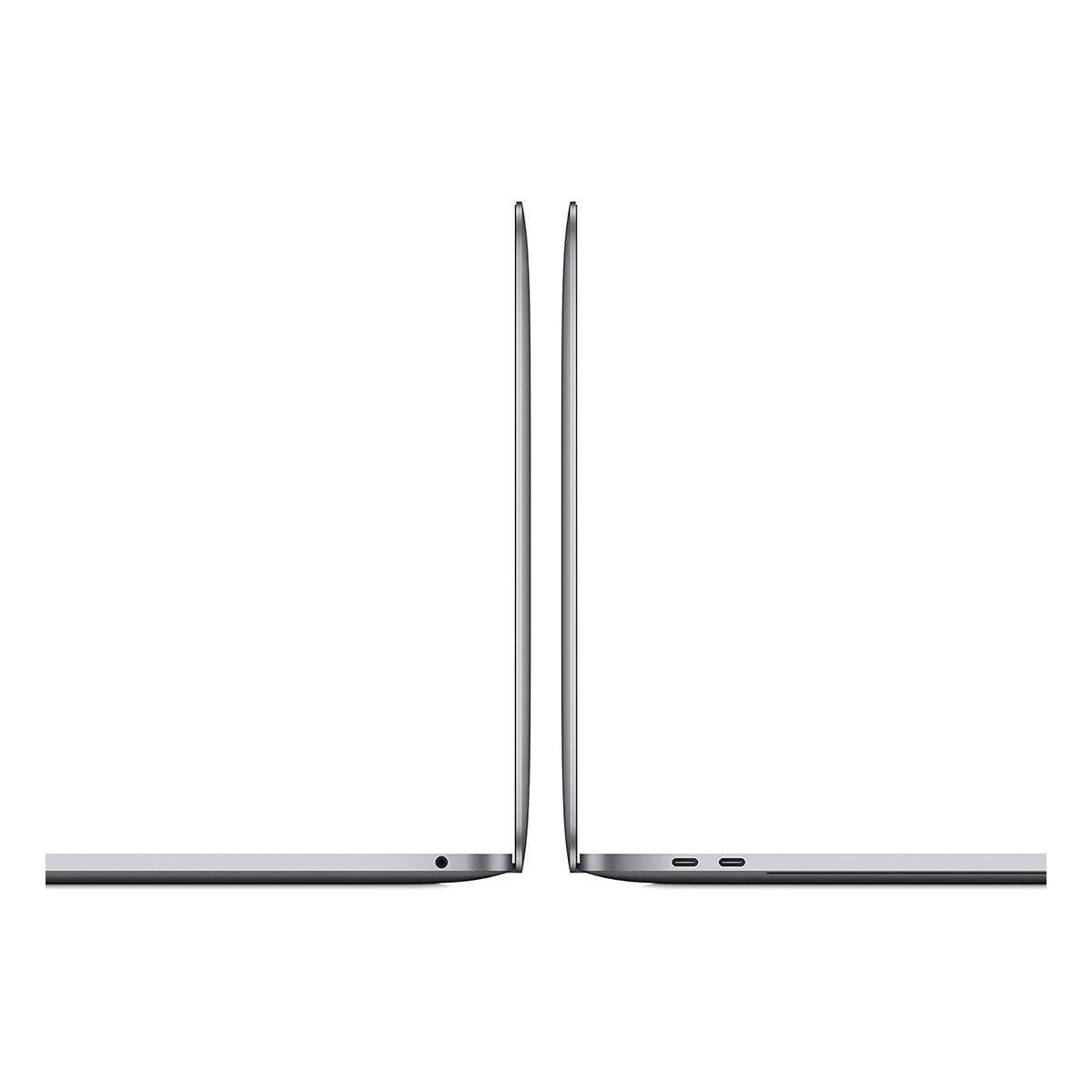 Dwa srebrne laptopy obok siebie, zamknięte. Widoczne profile boczne, pokazujące porty i smukłą konstrukcję.