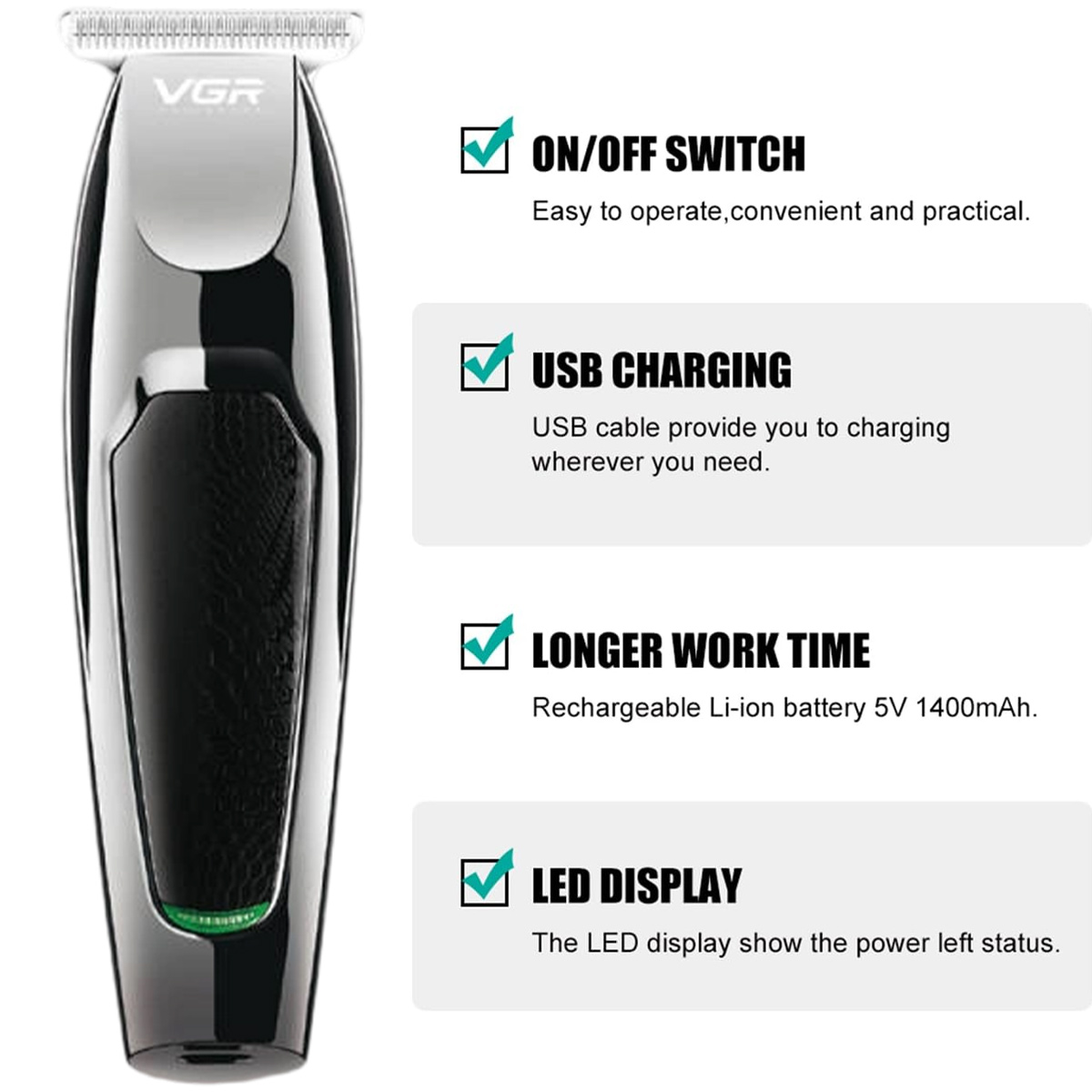 Ein silberner und schwarzer VGR-Haarschneider mit Informationstextfeldern: Ein-/Ausschalter, USB-Aufladung, Längere Arbeitszeit und LED-Anzeige.