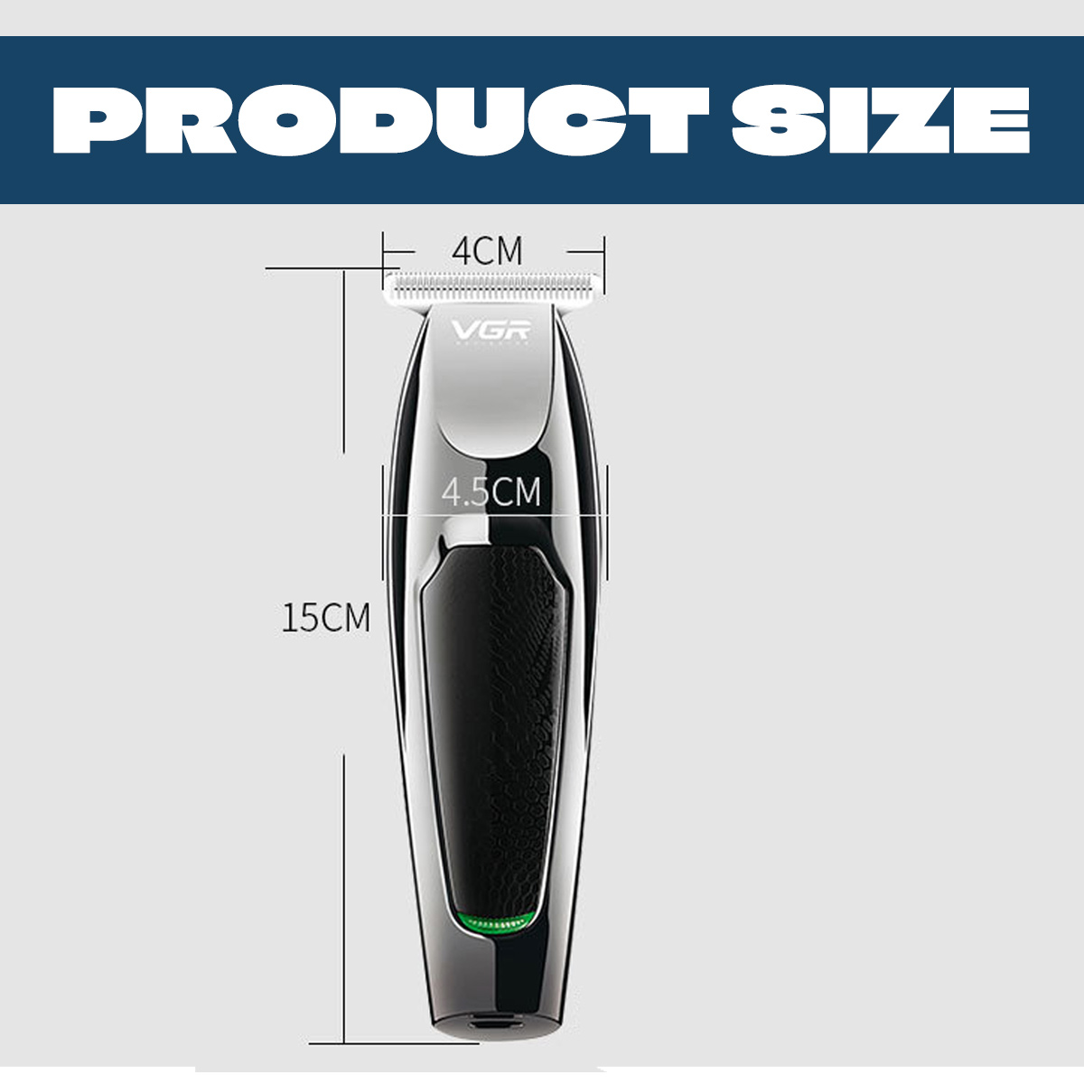 Ein schwarzer und silberner VGR-Haarschneider. Maße sind 4cm, 4,5cm und 15cm. Der Text "PRODUCT SIZE" steht oben.