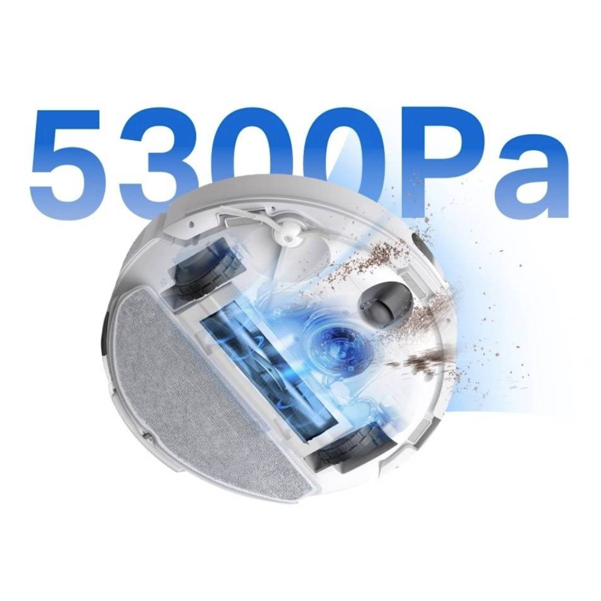 Un aspirapolvere robotico bianco, il testo 5300Pa in blu. La polvere viene aspirata. L'interno è visibile, mostrando il meccanismo di pulizia.