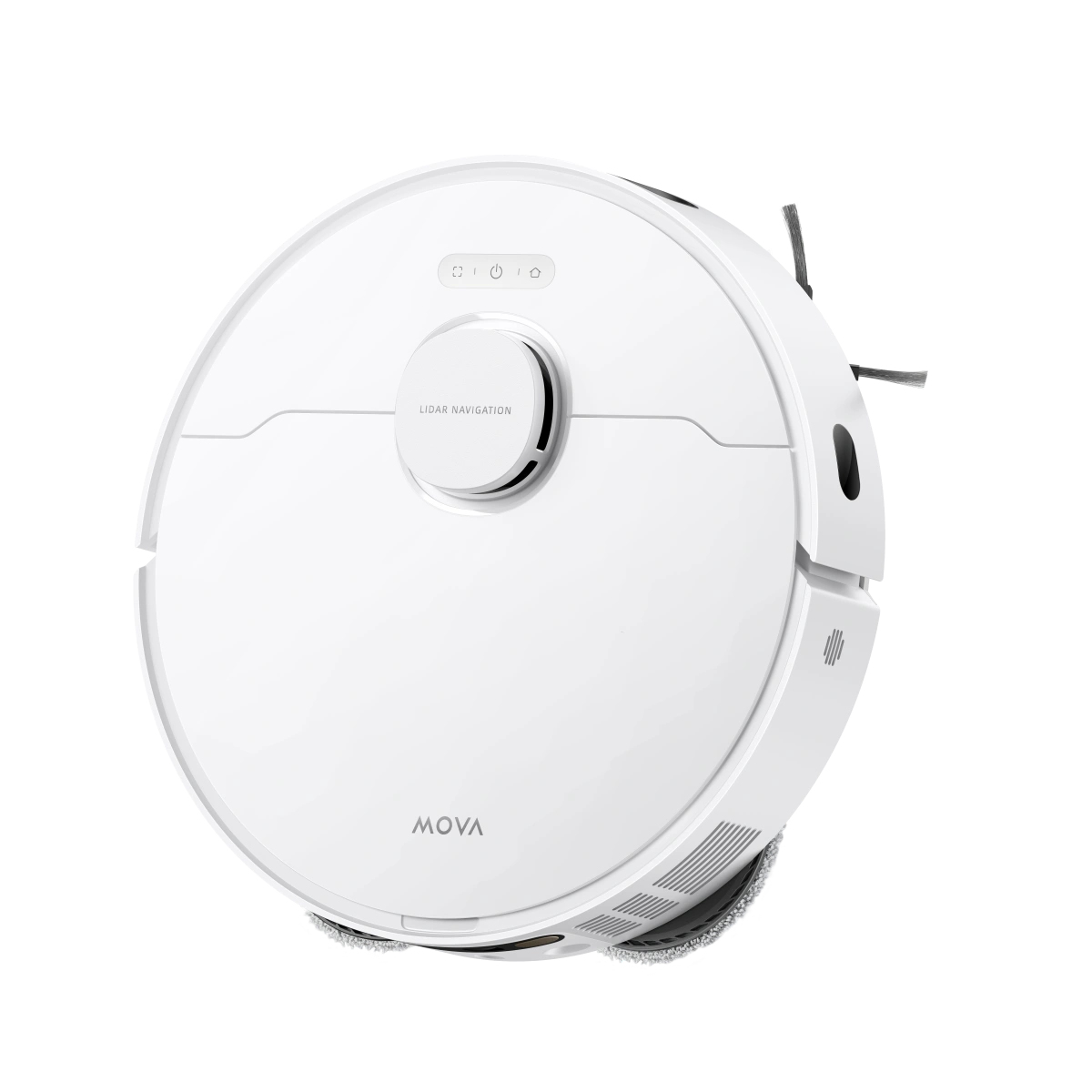Una aspiradora robot MOVA blanca. Tiene forma redonda, con botones y navegación LIDAR arriba, y una almohadilla de limpieza abajo.