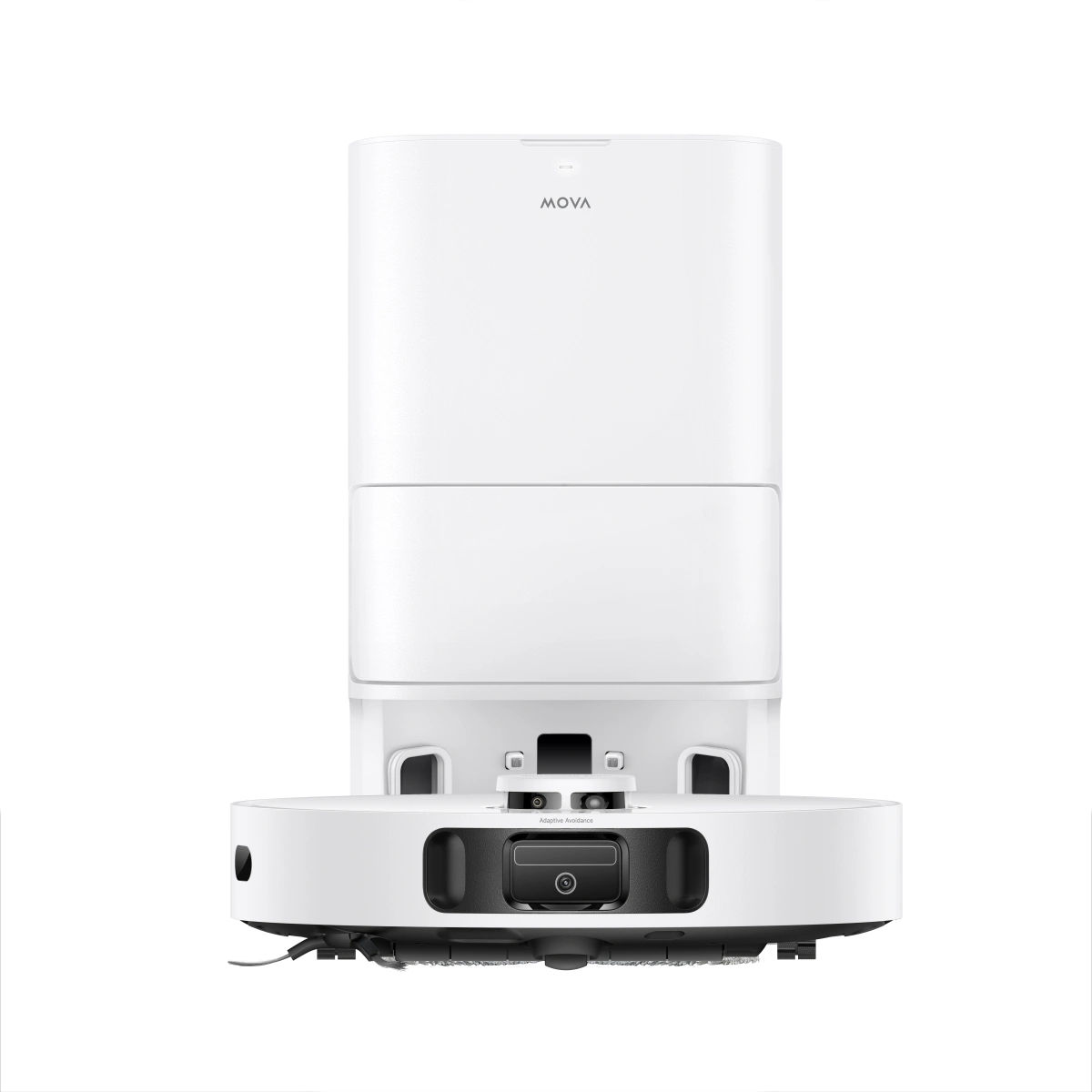 Una aspiradora robot MOVA blanca. Tiene un cuerpo alto y rectangular con una base circular y una cámara negra.
