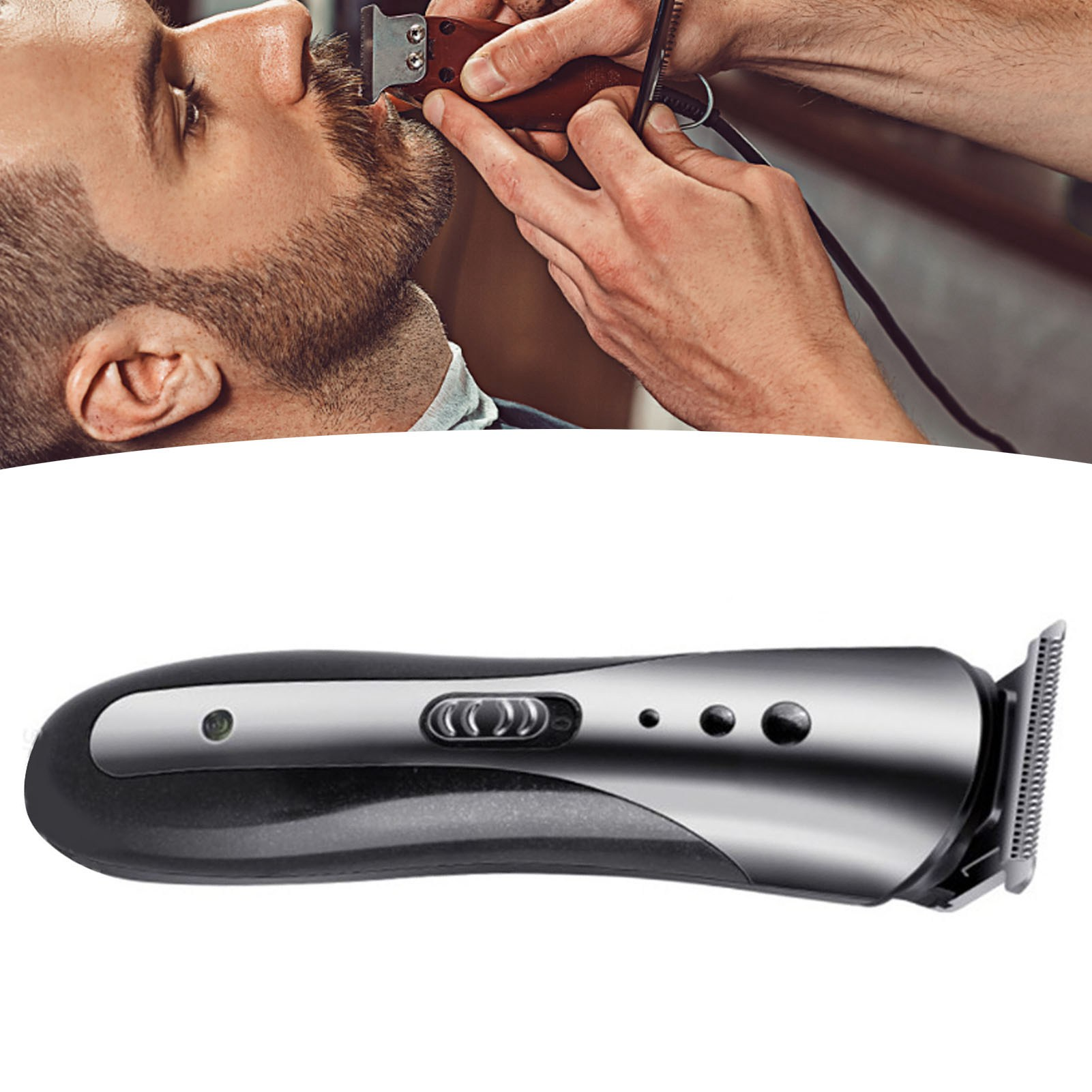 Ein Friseur rasiert den Bart eines Mannes mit einem Trimmer. Ein schwarzer und silberner Haartrimmer ist im unteren Teil des Bildes.