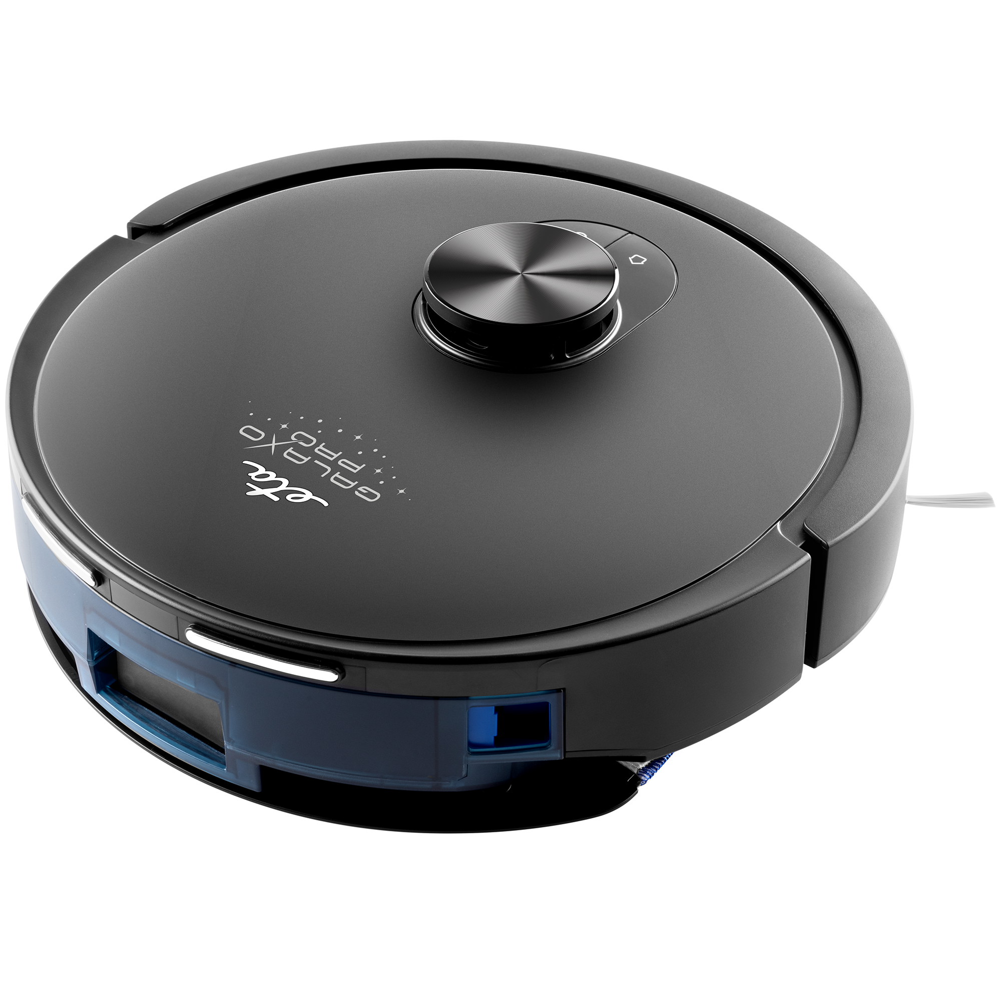 Ein schwarzer und blauer Roboter-Staubsauger auf weißem Hintergrund. Er hat eine zentrale Steuerung und den Markennamen.